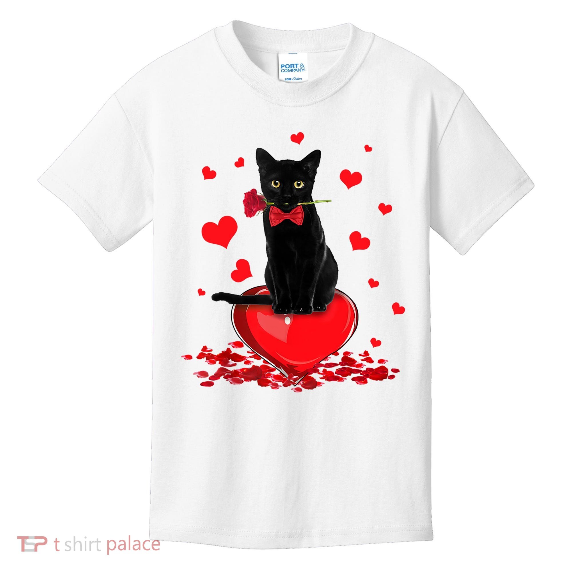 Black Cat Red Rose Valentines Day Kids T-Shirt