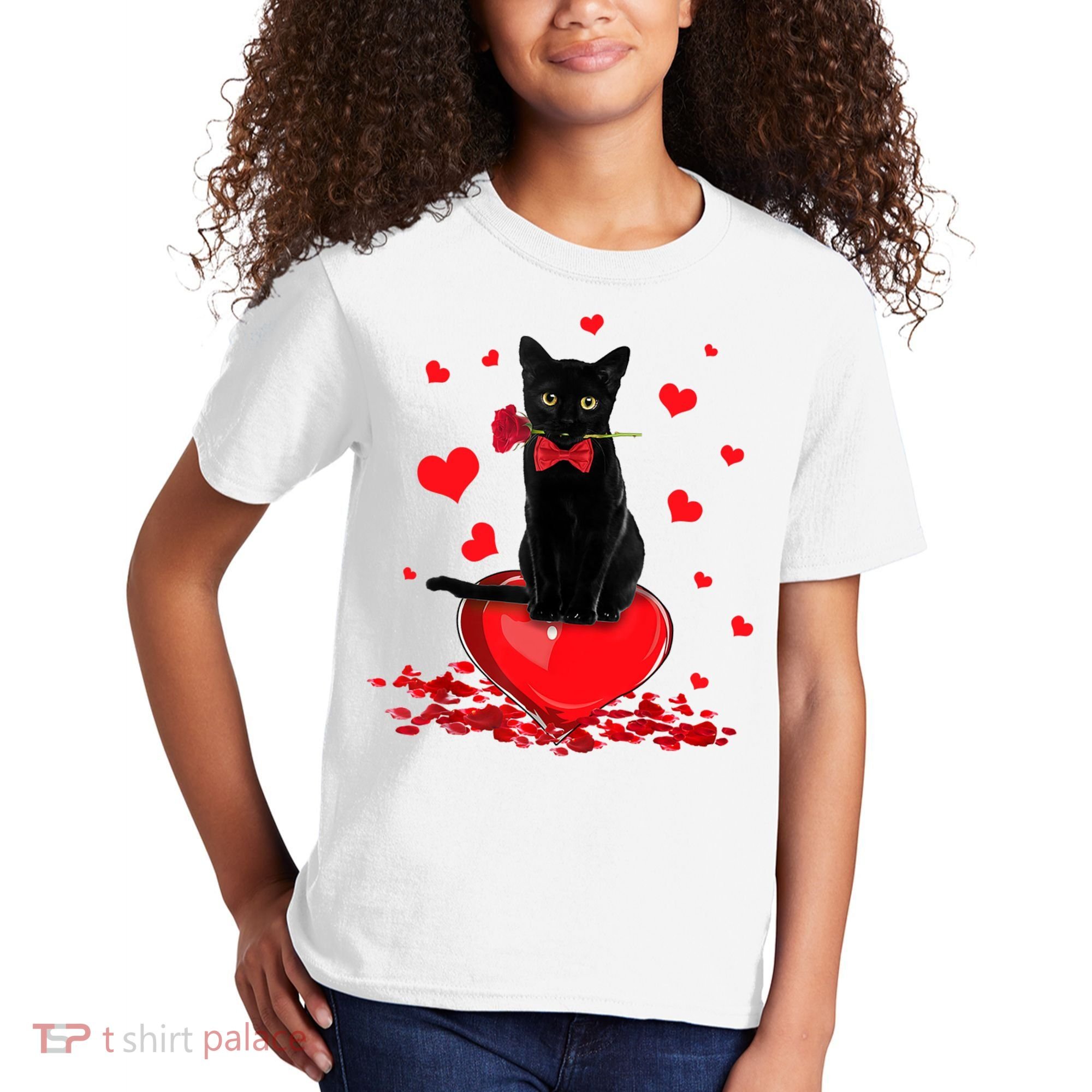 Black Cat Red Rose Valentines Day Kids T-Shirt