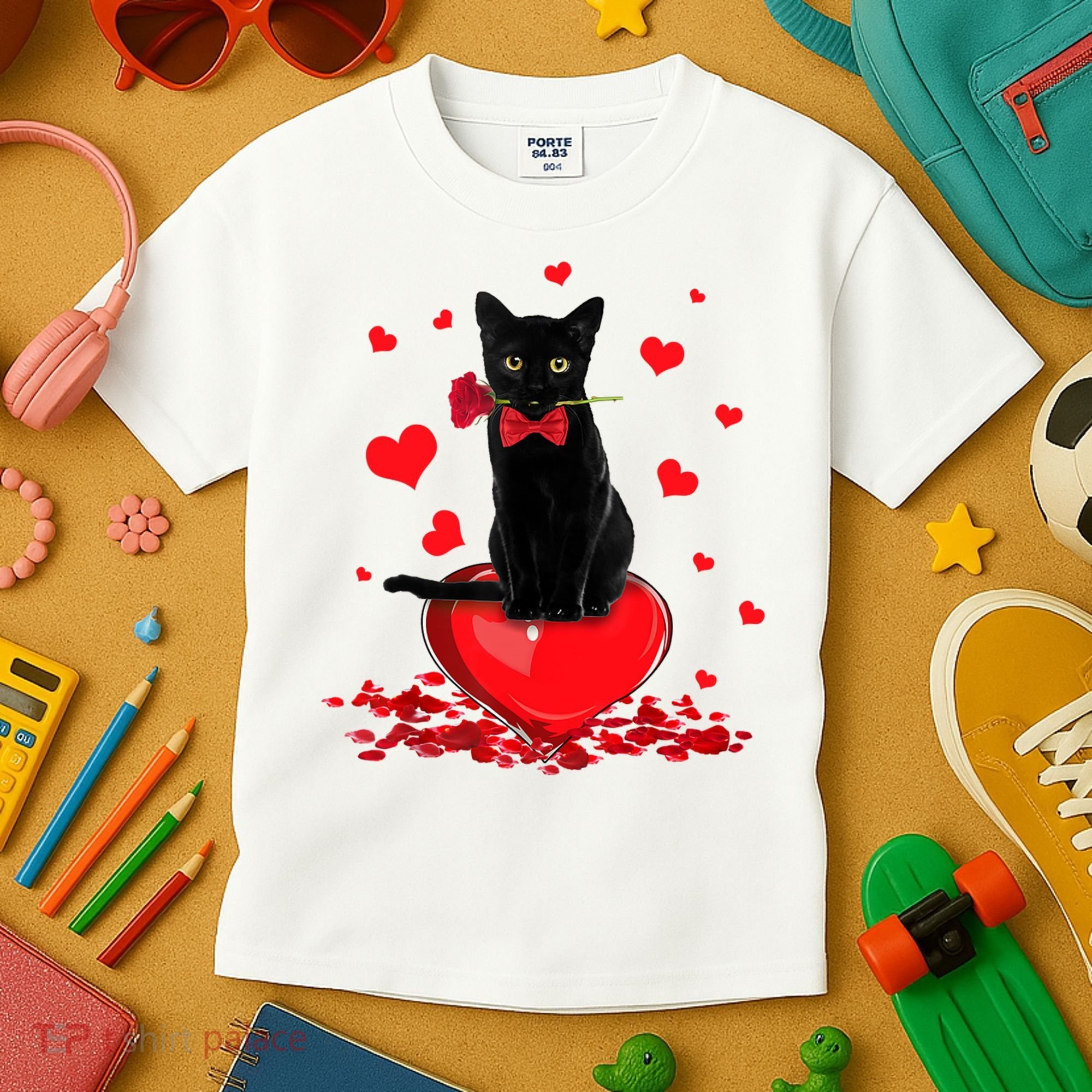 Black Cat Red Rose Valentines Day Kids T-Shirt