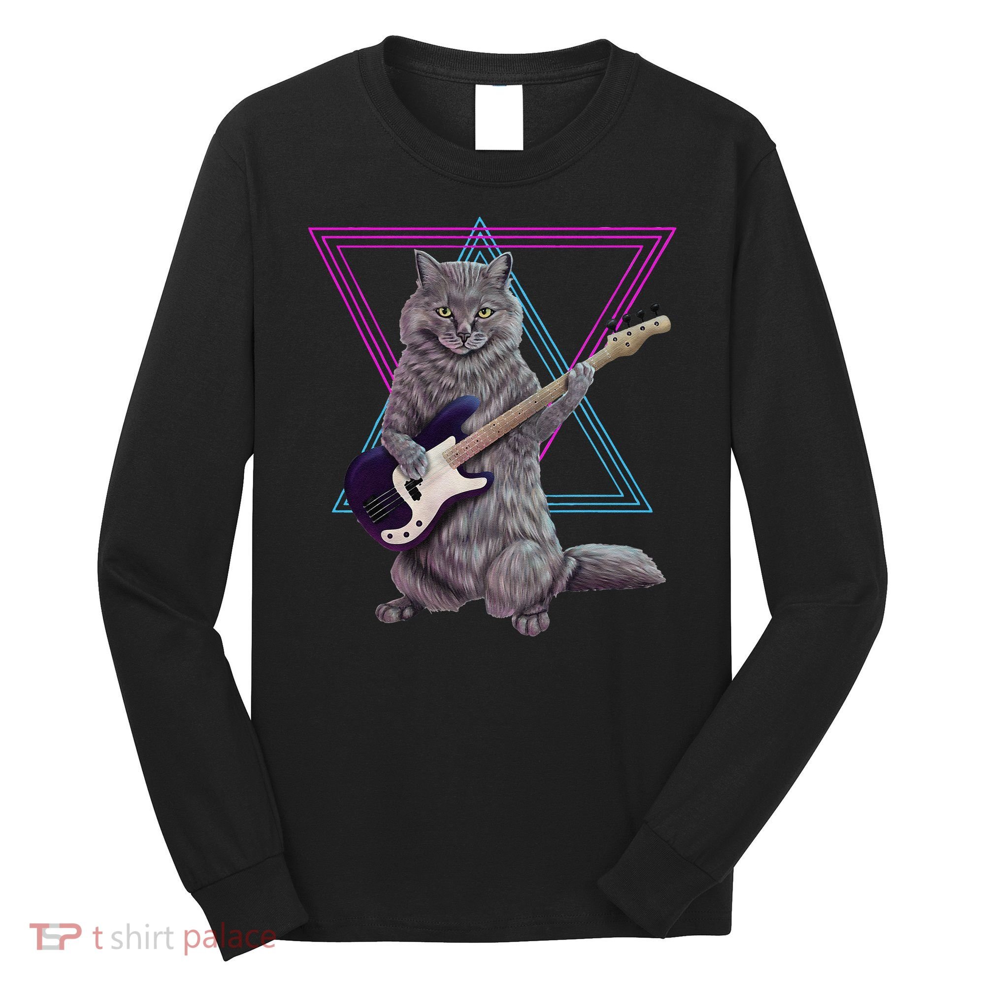 Bass cat Rock kitty on a bass guitar funny player Long Sleeve Shirt