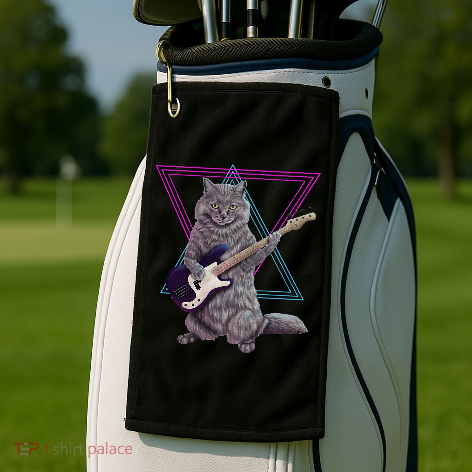 Bass cat Rock kitty on a bass guitar funny player Golf Towel