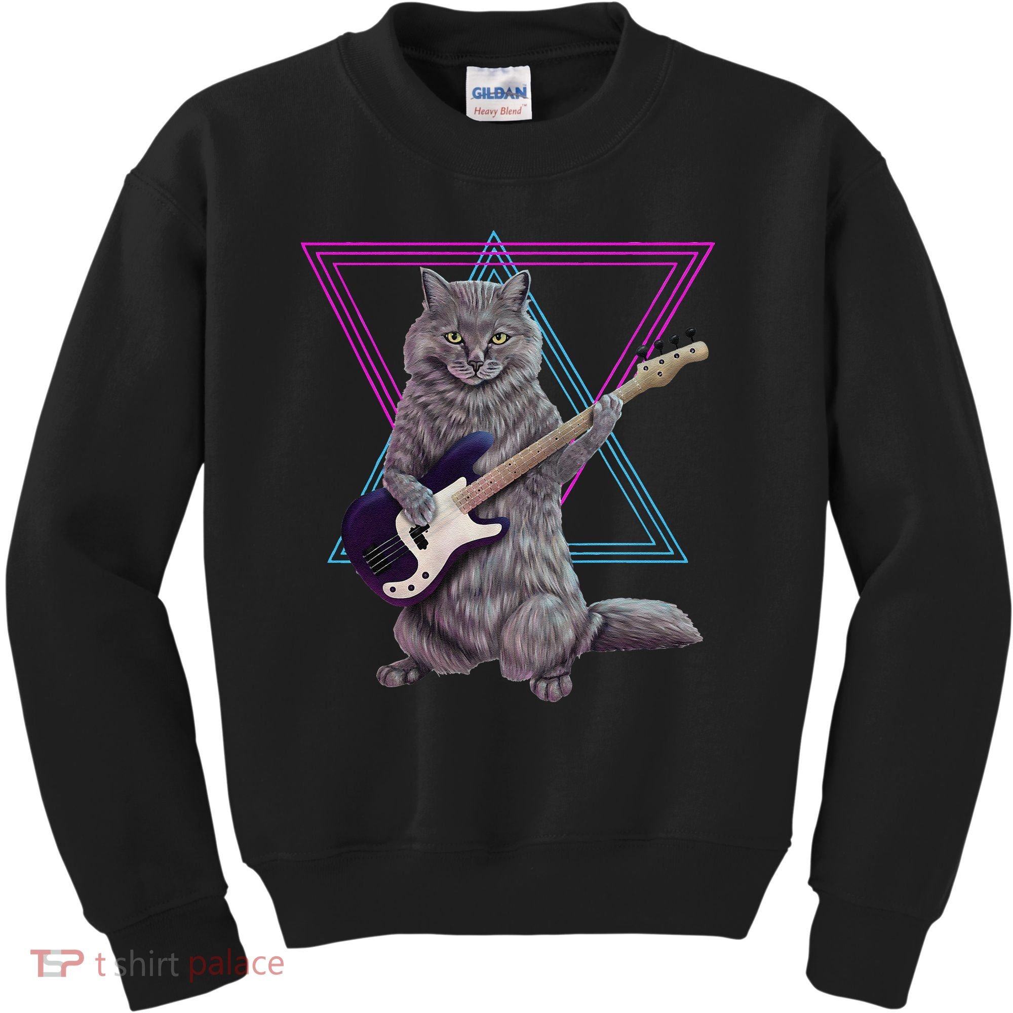Bass cat Rock kitty on a bass guitar funny player Kids Sweatshirt