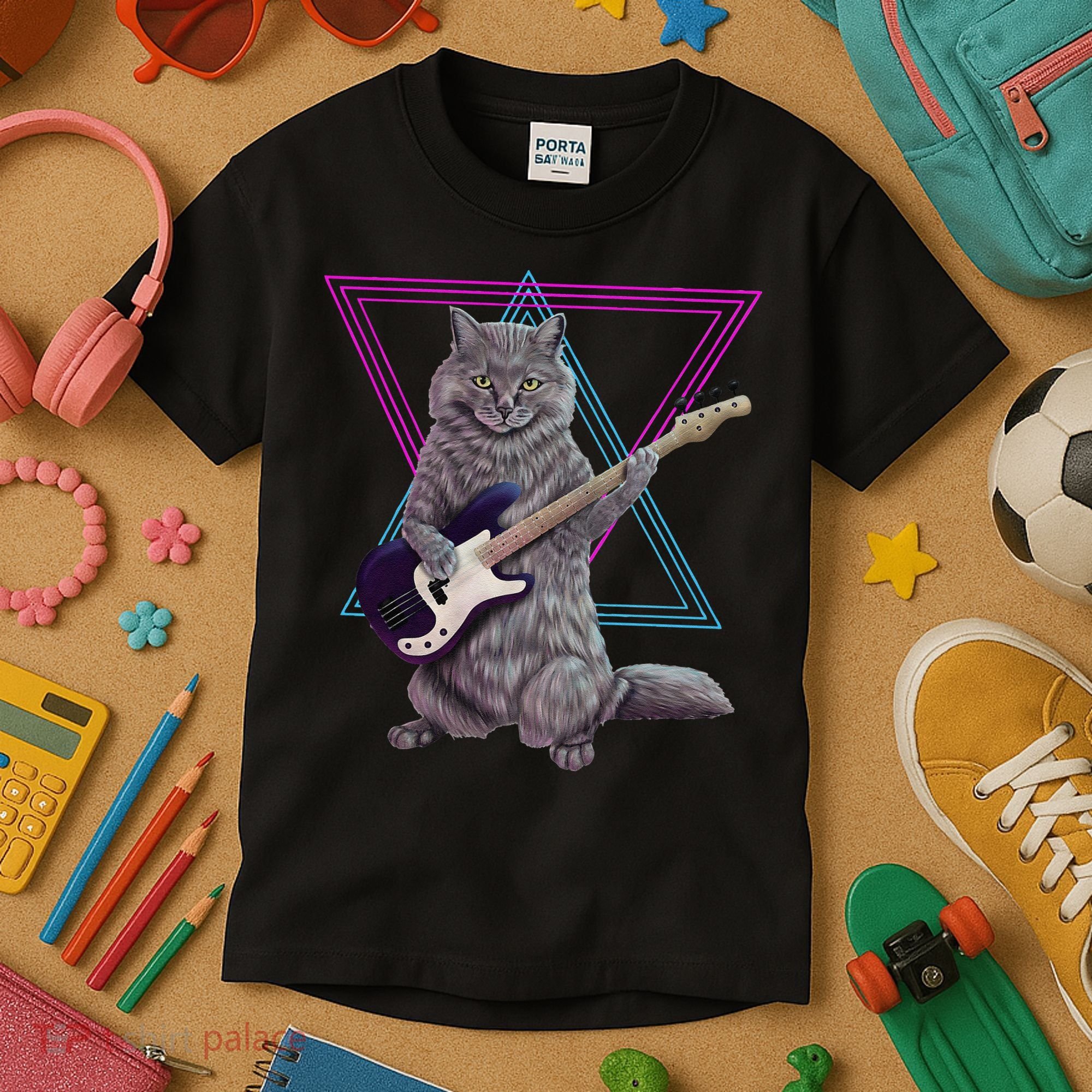 Bass cat Rock kitty on a bass guitar funny player Kids T-Shirt