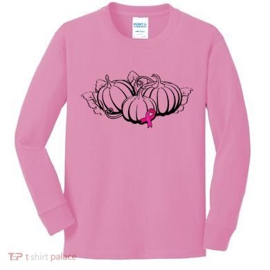 Breast Cancer Ribbon Pumpkin Fall Kids Long Sleeve Shirt