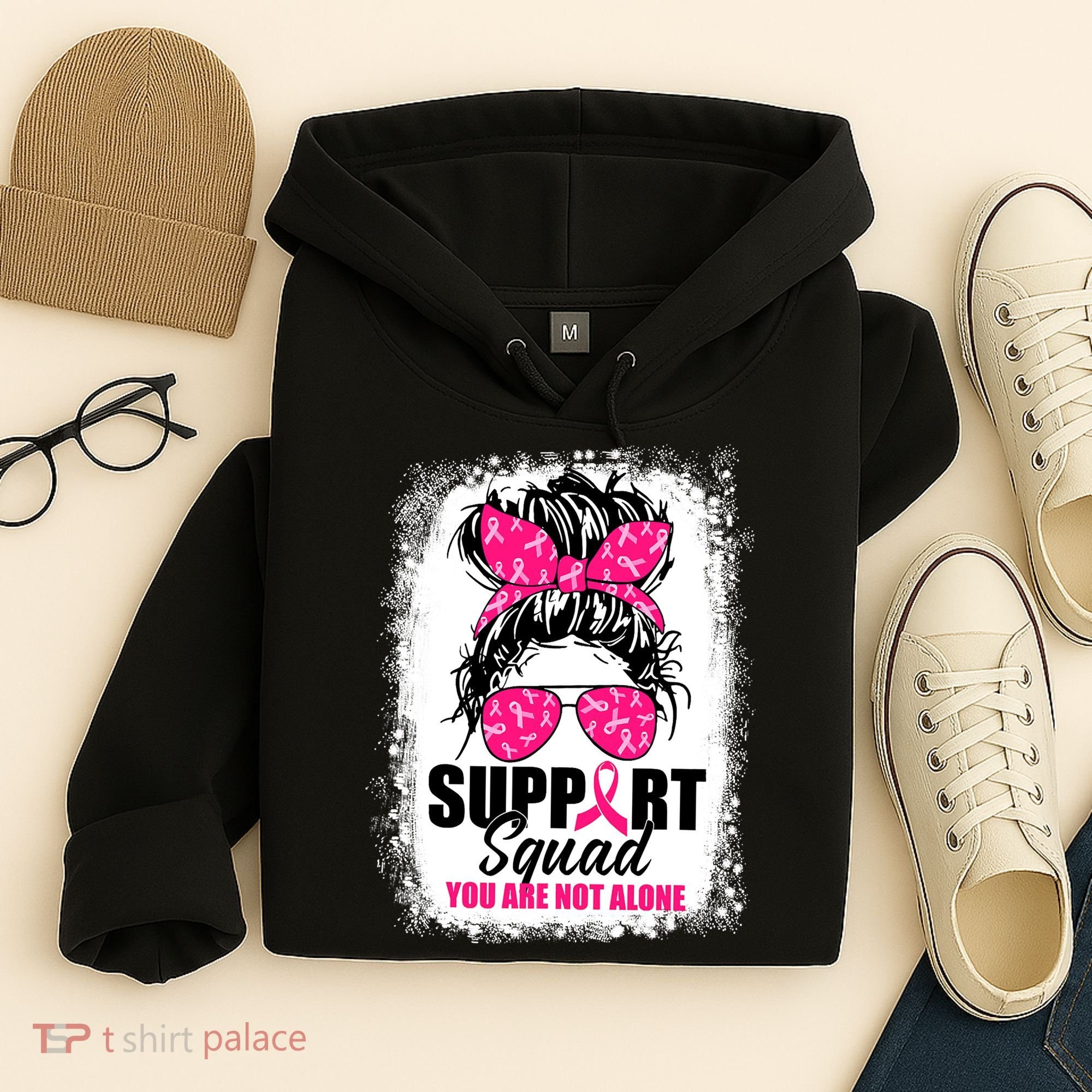 Breast Cancer Support Squad Messy Bun Warrior Awareness Hoodie
