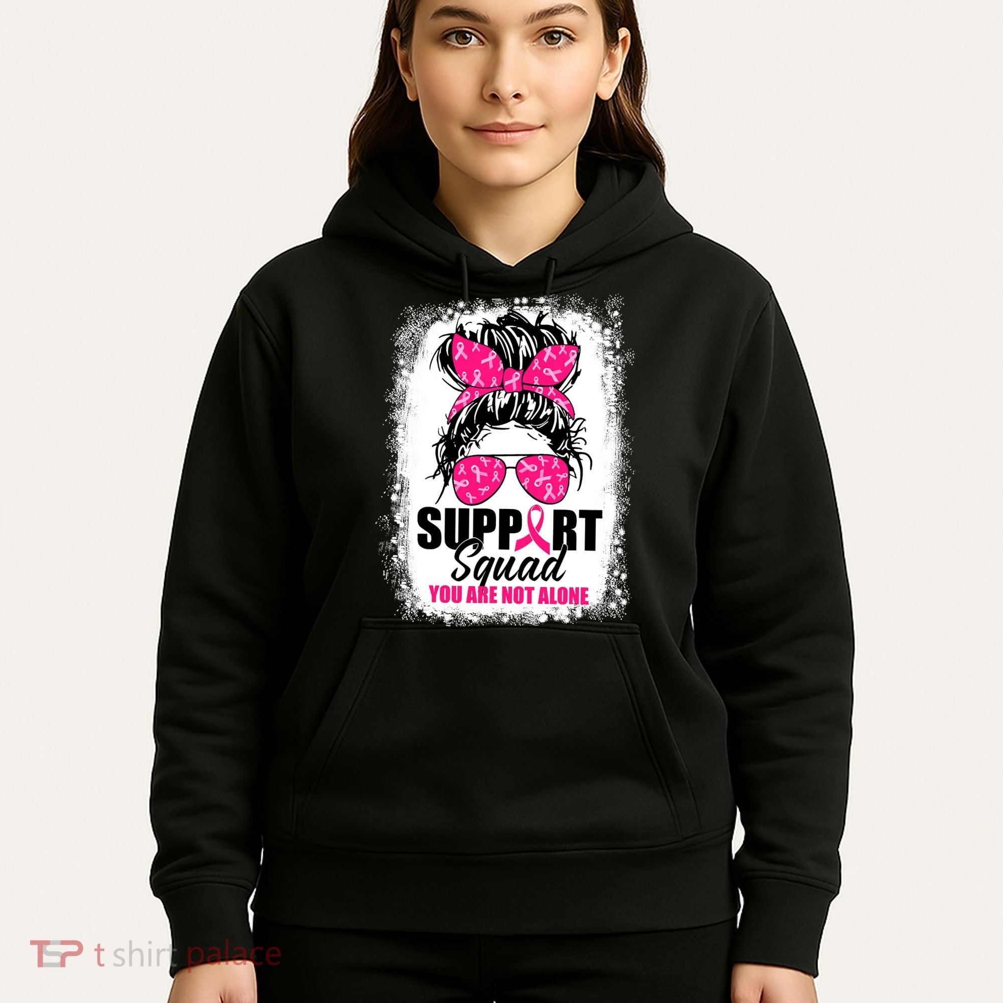 Breast Cancer Support Squad Messy Bun Warrior Awareness Hoodie