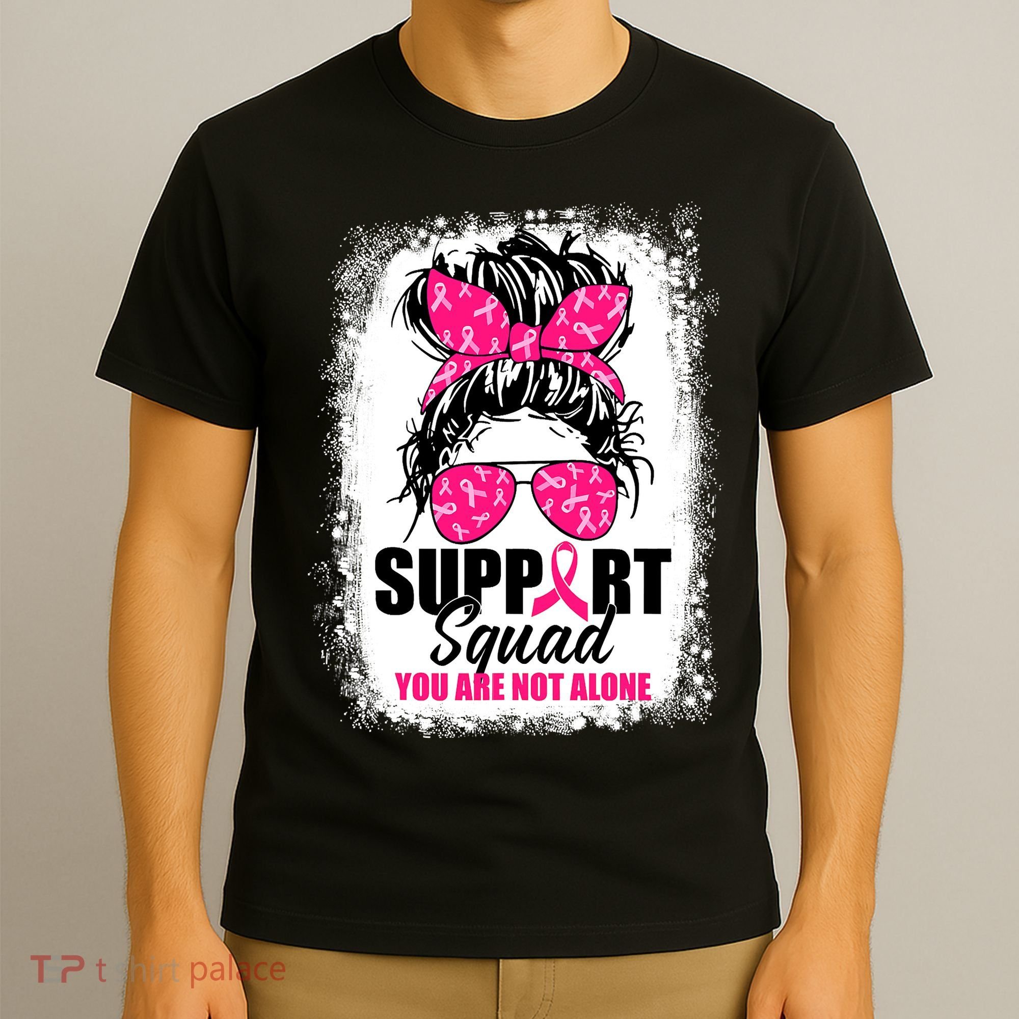 Breast Cancer Support Squad Messy Bun Warrior Awareness T-Shirt