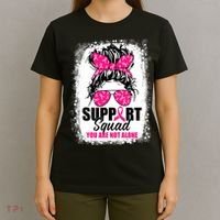 Breast Cancer Support Squad Messy Bun Warrior Awareness T-Shirt thumb 4