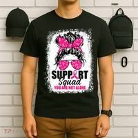 Breast Cancer Support Squad Messy Bun Warrior Awareness T-Shirt thumb 6