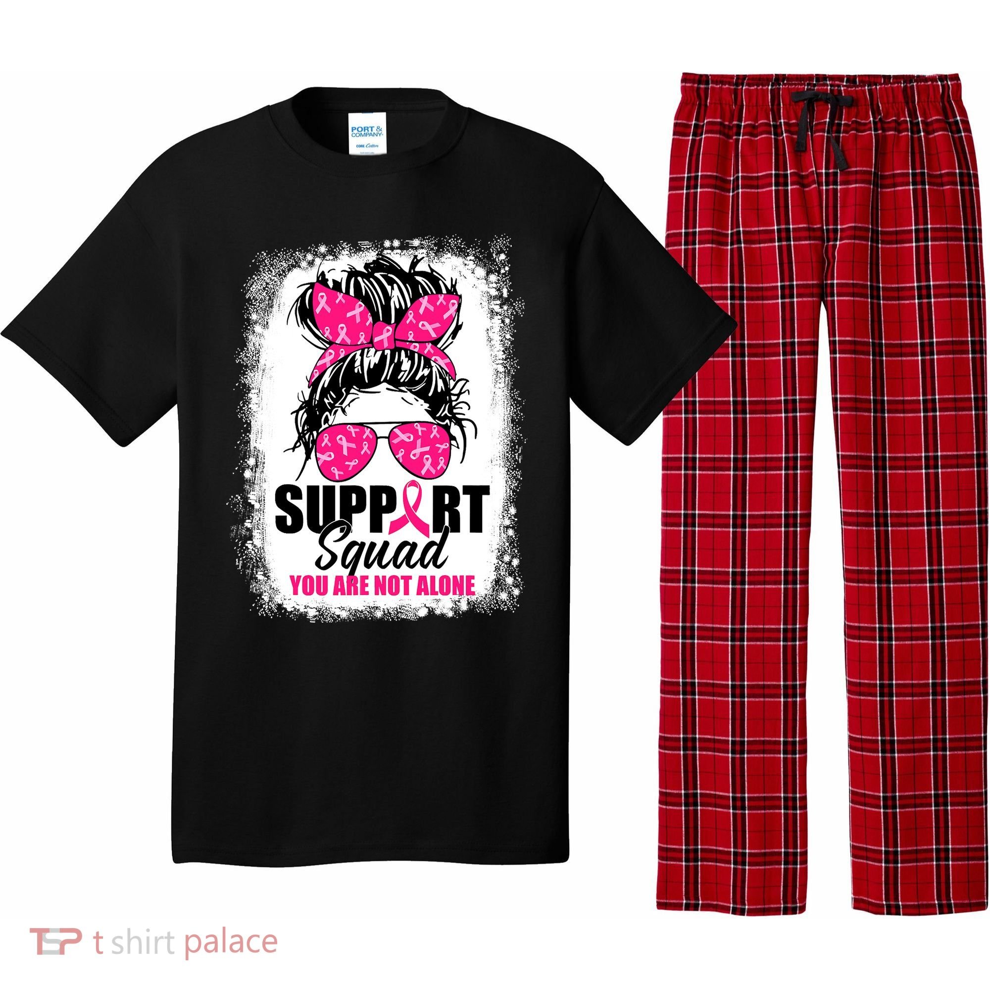 Breast Cancer Support Squad Messy Bun Warrior Awareness Pajama Set