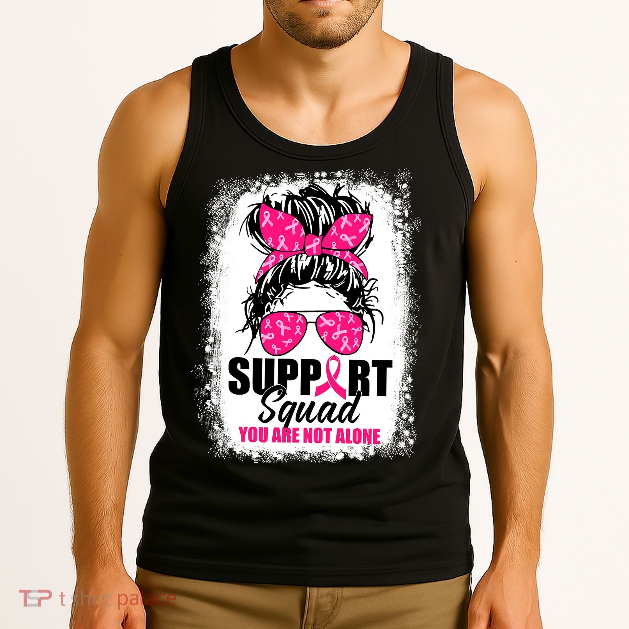 Breast Cancer Support Squad Messy Bun Warrior Awareness Tank Top