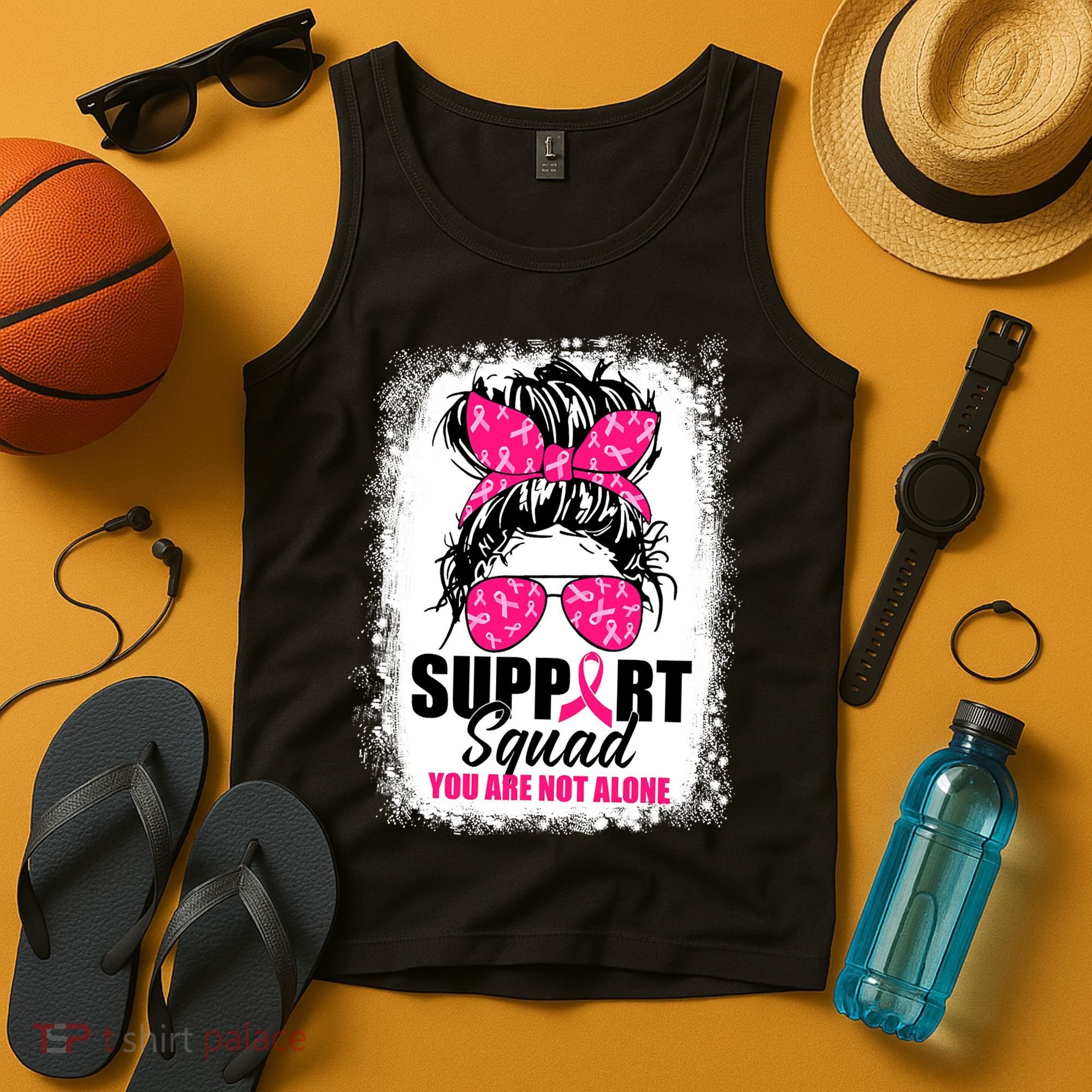 Breast Cancer Support Squad Messy Bun Warrior Awareness Tank Top