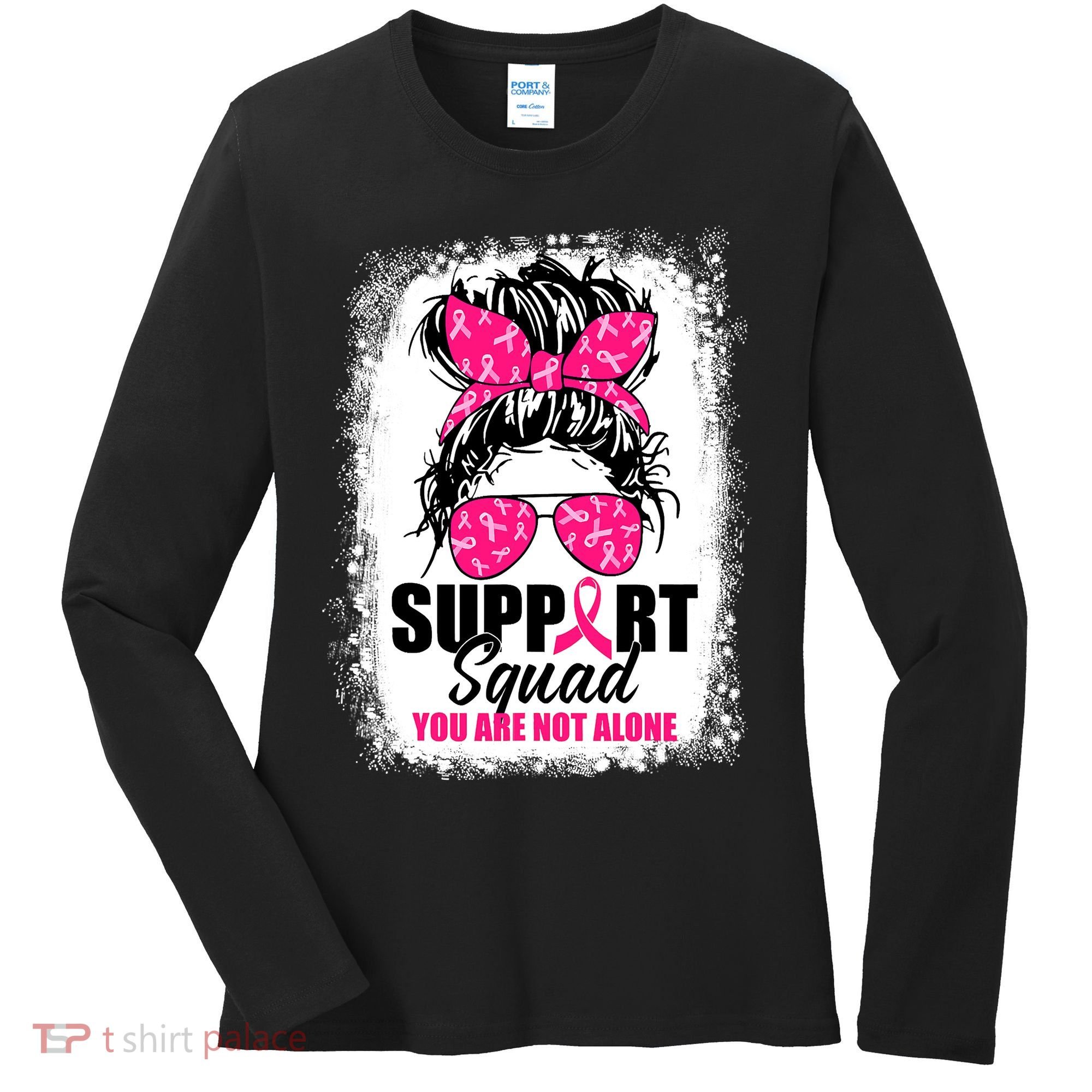 Breast Cancer Support Squad Messy Bun Warrior Awareness Women's Long Sleeve Shirt