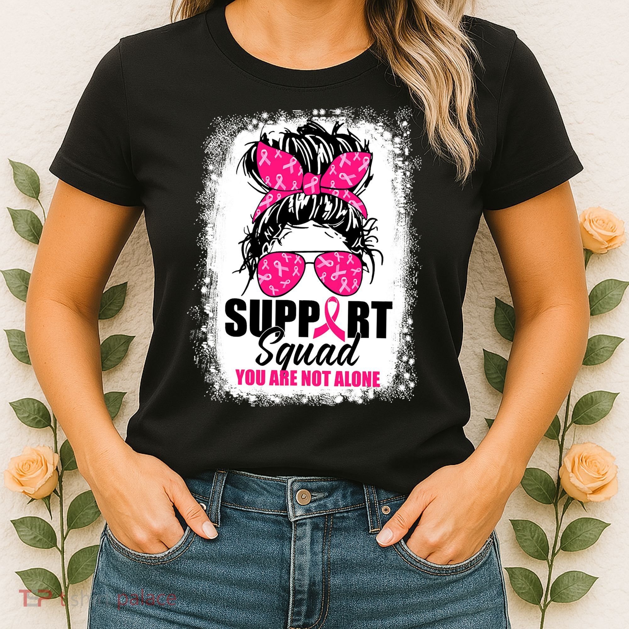 Breast Cancer Support Squad Messy Bun Warrior Awareness Women's T-Shirt