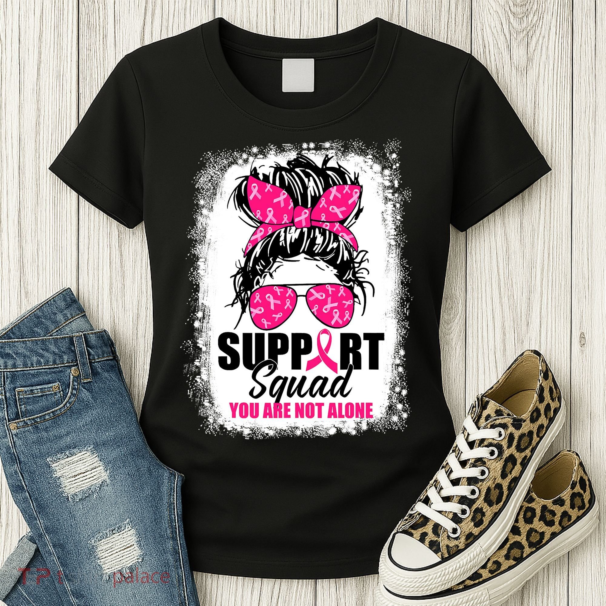 Breast Cancer Support Squad Messy Bun Warrior Awareness Women's T-Shirt