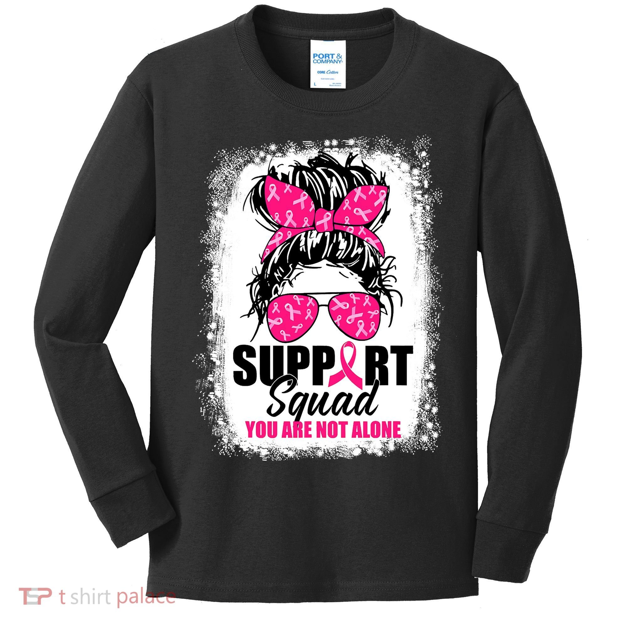 Breast Cancer Support Squad Messy Bun Warrior Awareness Kids Long Sleeve Shirt