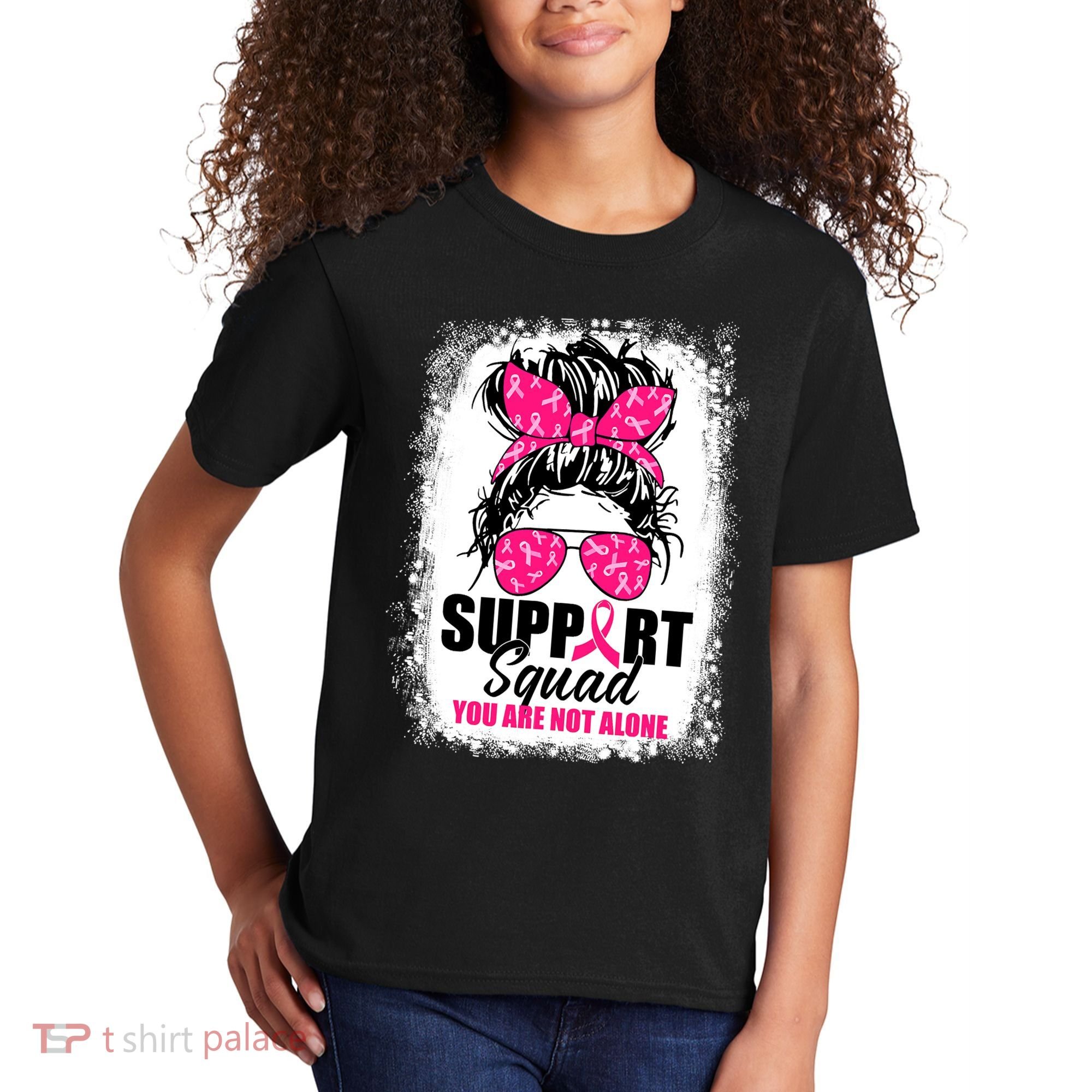 Breast Cancer Support Squad Messy Bun Warrior Awareness Kids T-Shirt