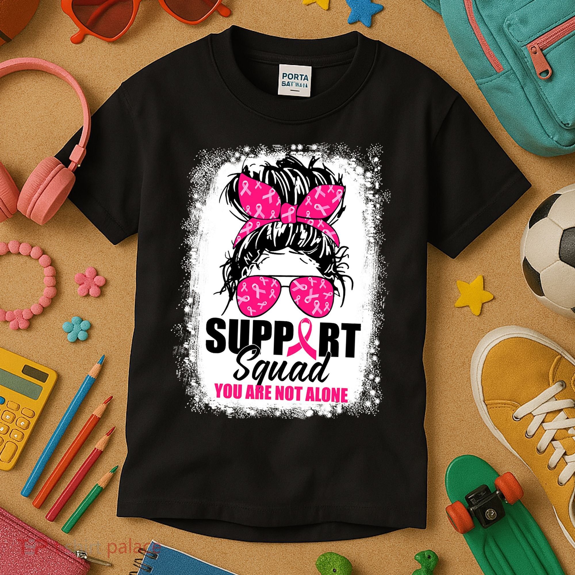 Breast Cancer Support Squad Messy Bun Warrior Awareness Kids T-Shirt