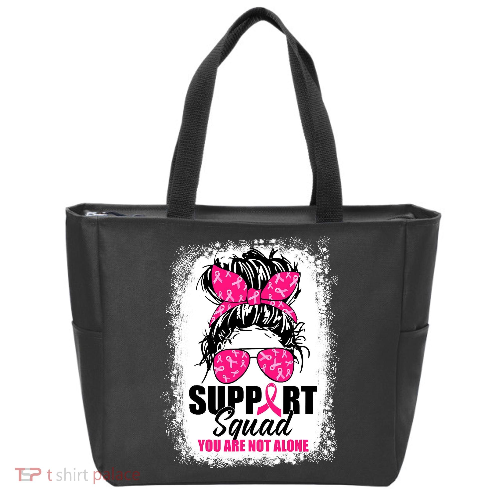 Breast Cancer Support Squad Messy Bun Warrior Awareness Tote Bag