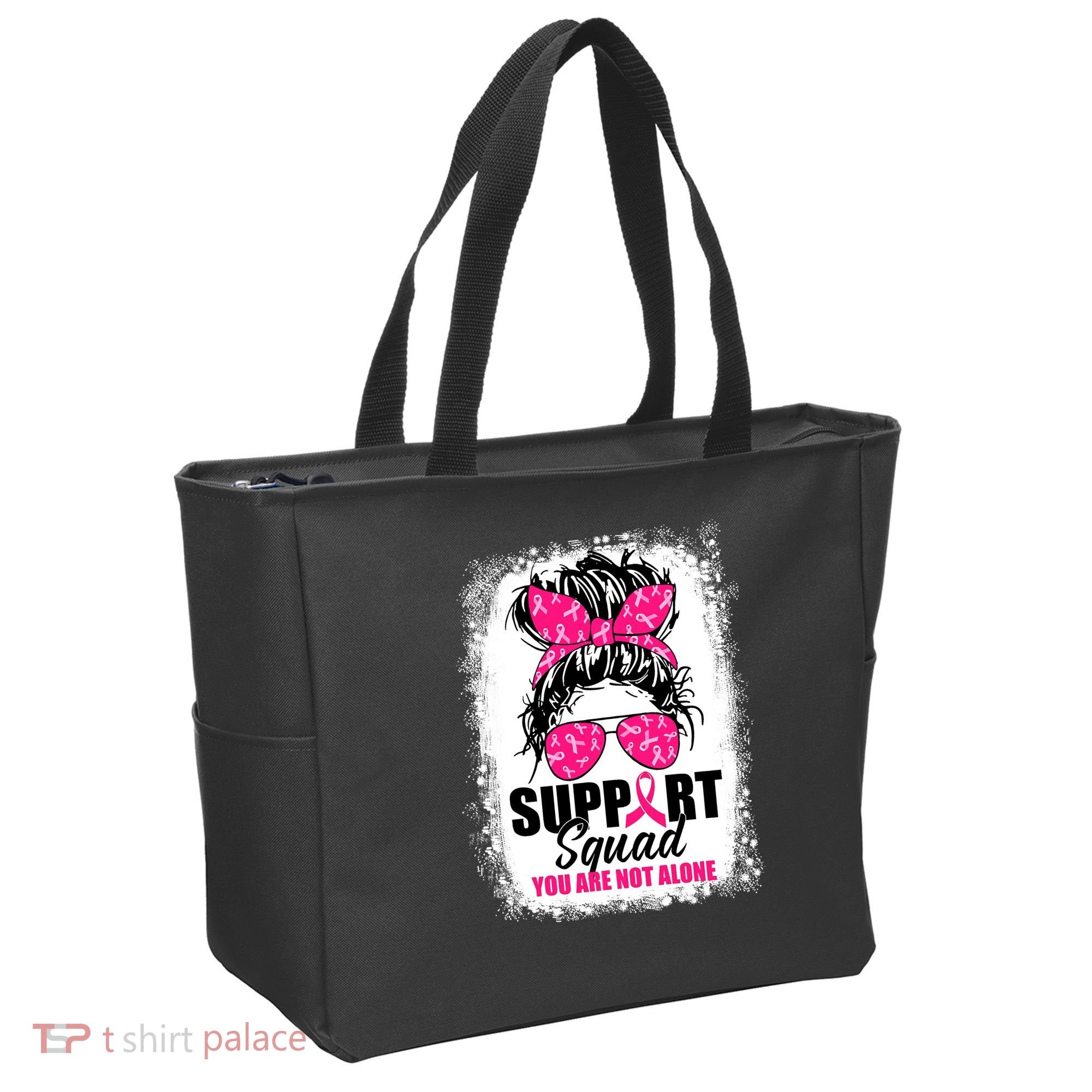 Breast Cancer Support Squad Messy Bun Warrior Awareness Tote Bag