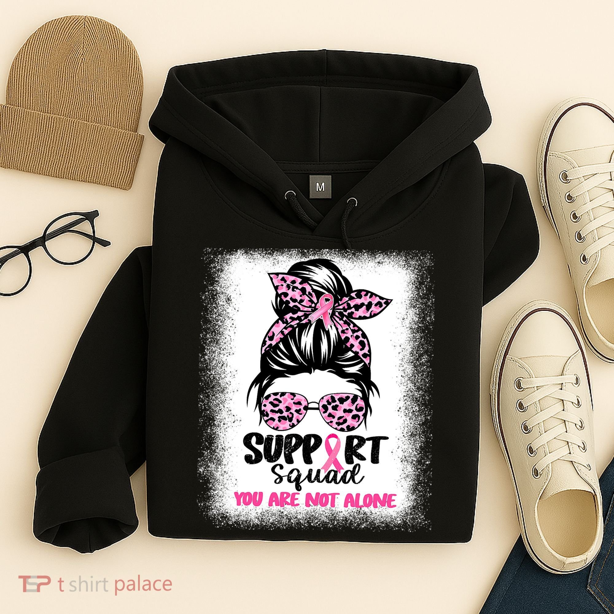 Breast Cancer Support Squad Messy Bun Pink Warrior Awareness Hoodie