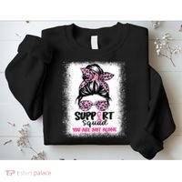 Breast Cancer Support Squad Messy Bun Pink Warrior Awareness Sweatshirt thumb 2