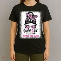 Breast Cancer Support Squad Messy Bun Pink Warrior Awareness T-Shirt thumb 4