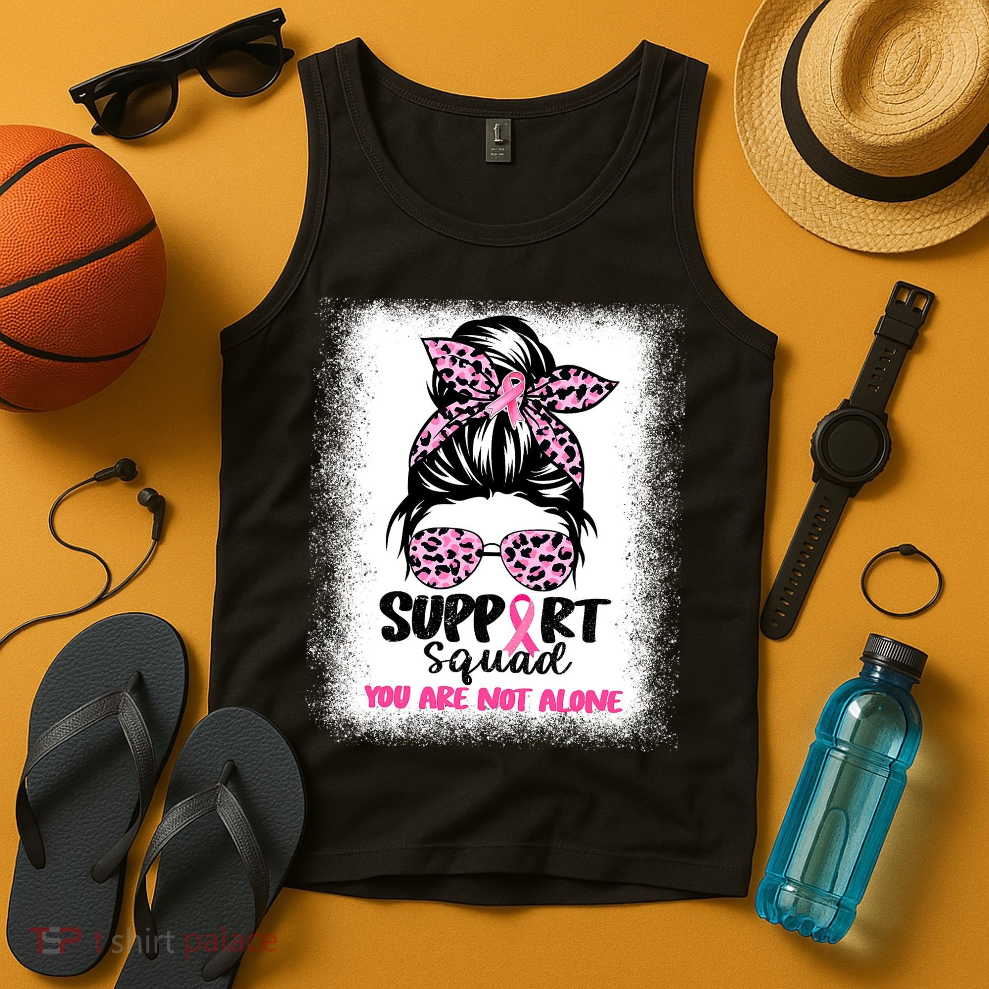 Breast Cancer Support Squad Messy Bun Pink Warrior Awareness Tank Top