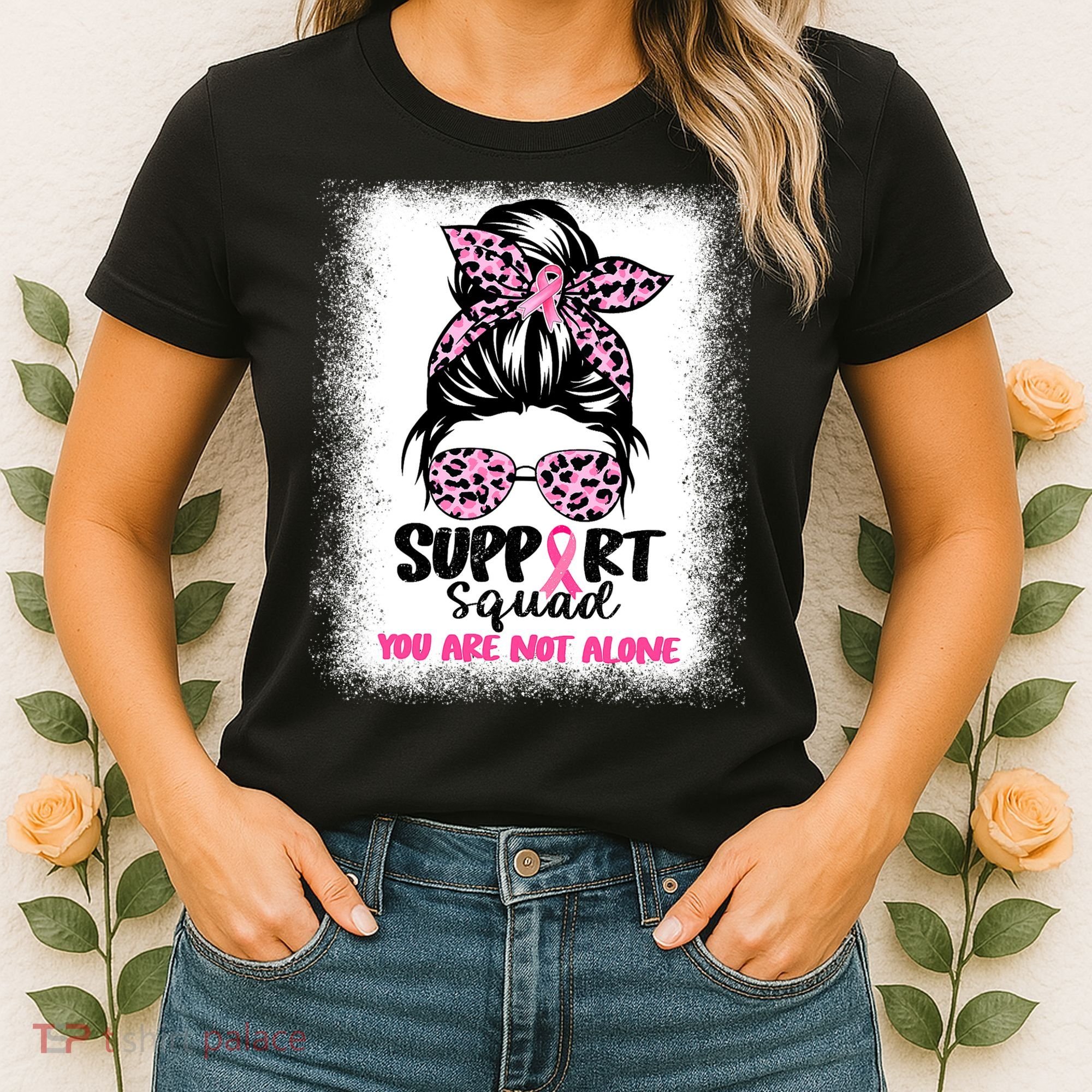 Breast Cancer Support Squad Messy Bun Pink Warrior Awareness Women's T-Shirt