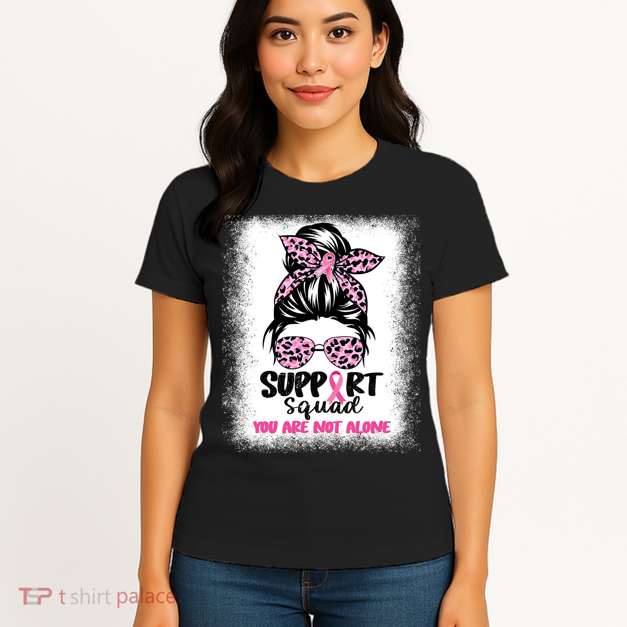 Breast Cancer Support Squad Messy Bun Pink Warrior Awareness Women's T-Shirt