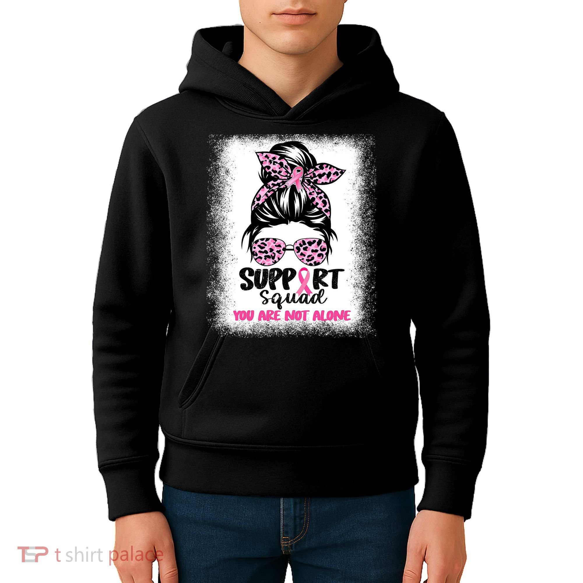 Breast Cancer Support Squad Messy Bun Pink Warrior Awareness Kids Hoodie