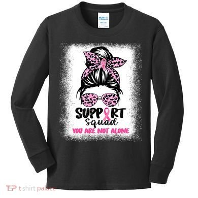 Breast Cancer Support Squad Messy Bun Pink Warrior Awareness Kids Long Sleeve Shirt