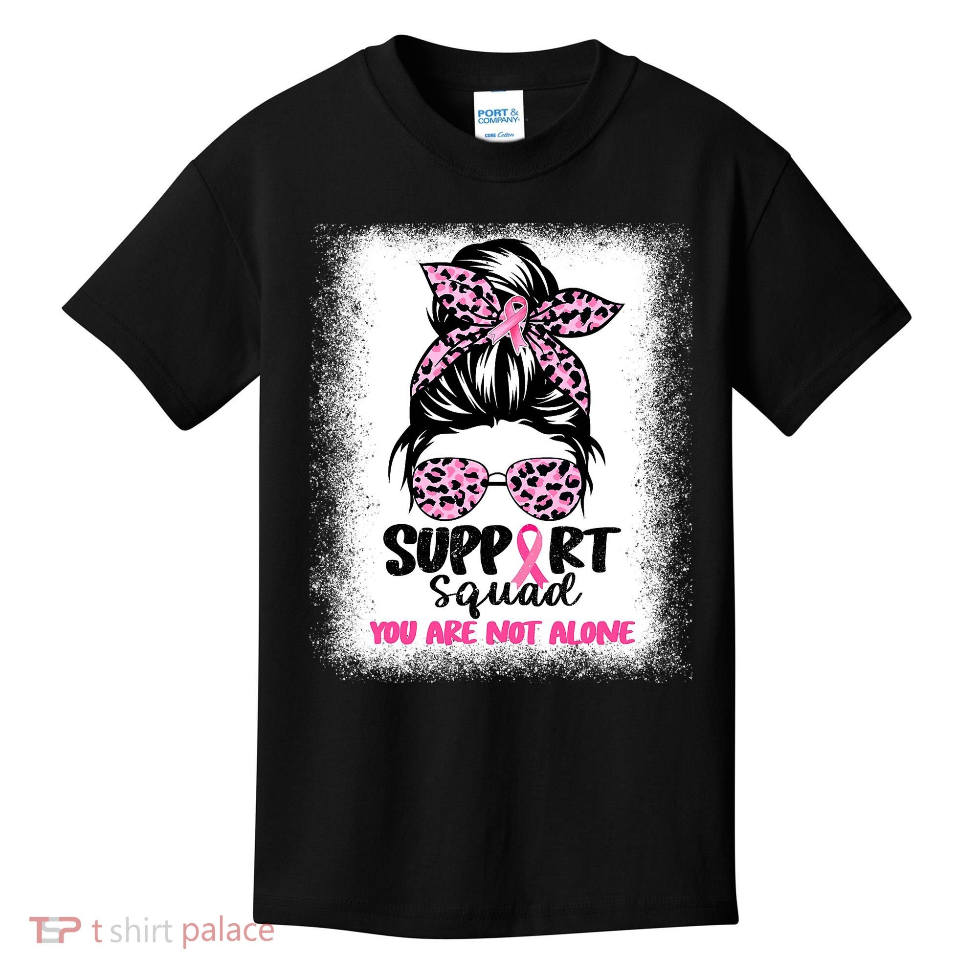 Breast Cancer Support Squad Messy Bun Pink Warrior Awareness Kids T-Shirt