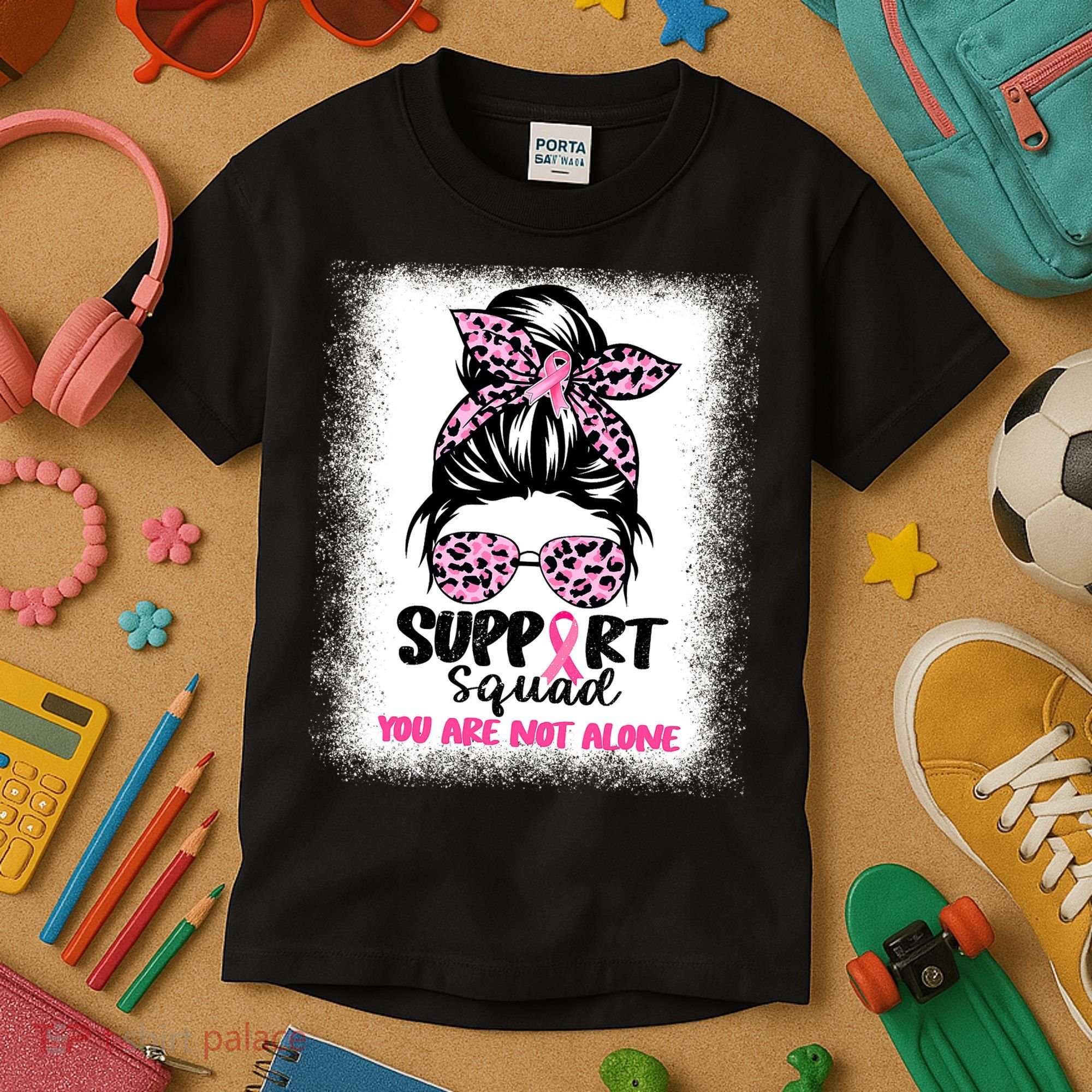 Breast Cancer Support Squad Messy Bun Pink Warrior Awareness Kids T-Shirt