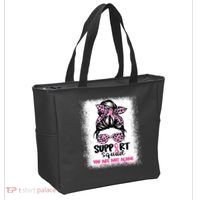 Breast Cancer Support Squad Messy Bun Pink Warrior Awareness Tote Bag thumb 2