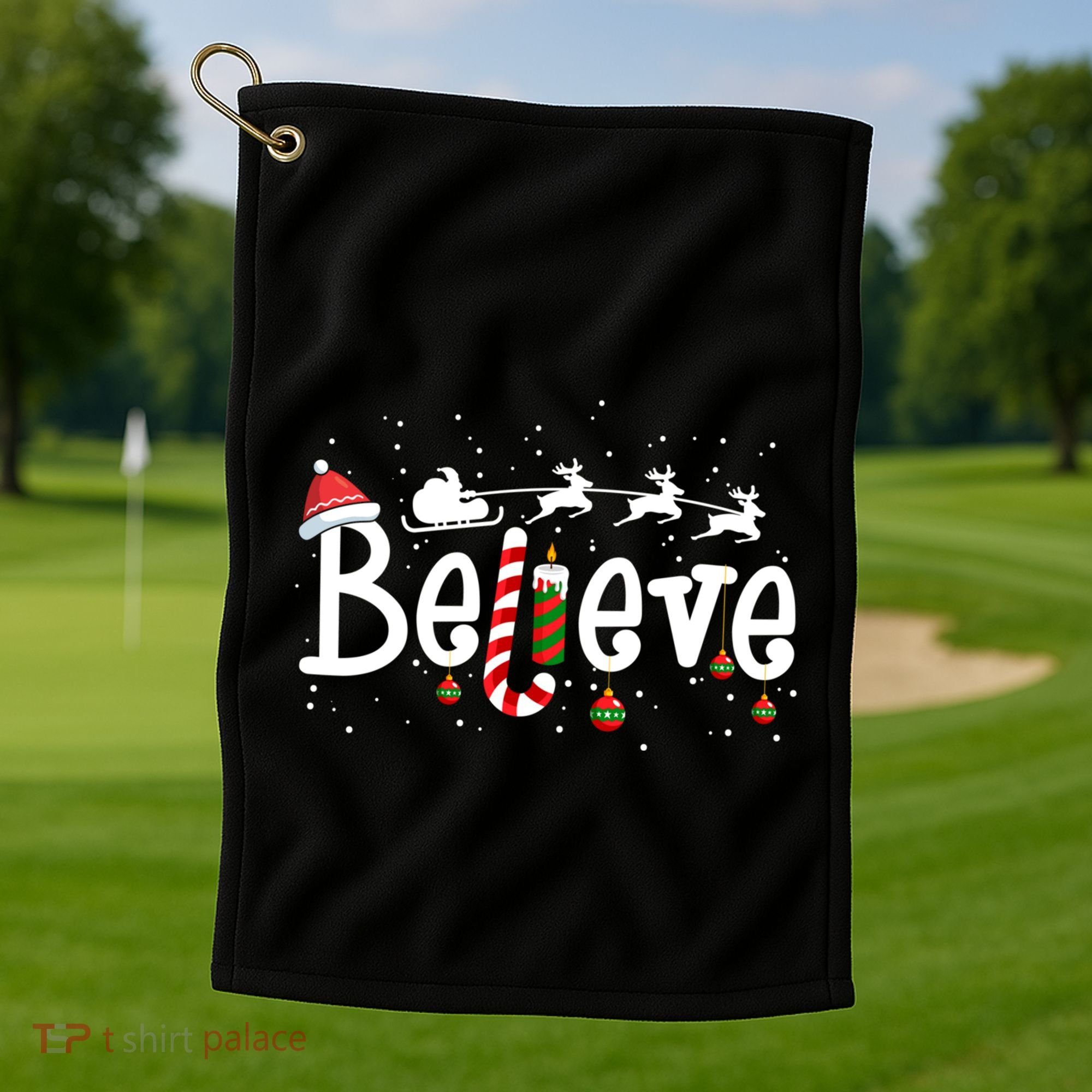 Believe Christmas Santa Claus Reindeer Candy Cane Xmas Gift Golf Towel