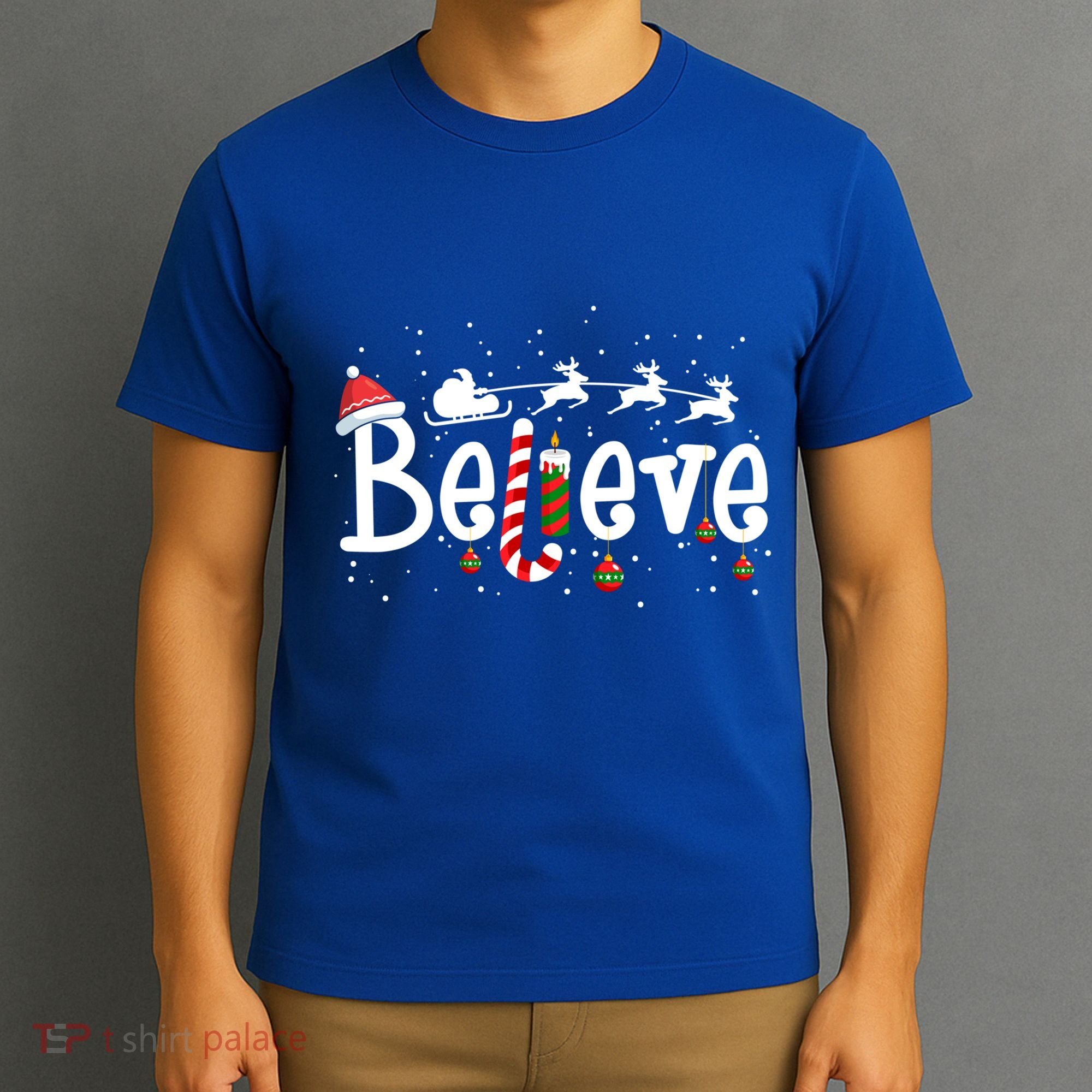 Believe Christmas Santa Claus Reindeer Candy Cane Xmas Gift T-Shirt
