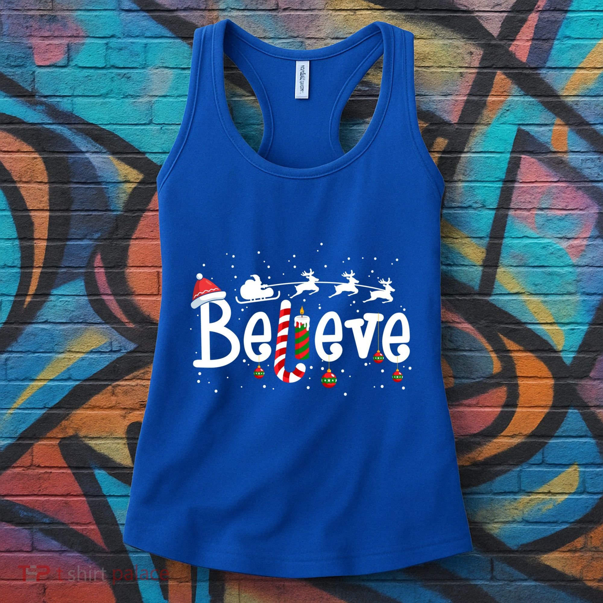 Believe Christmas Santa Claus Reindeer Candy Cane Xmas Gift Women's Tank Top
