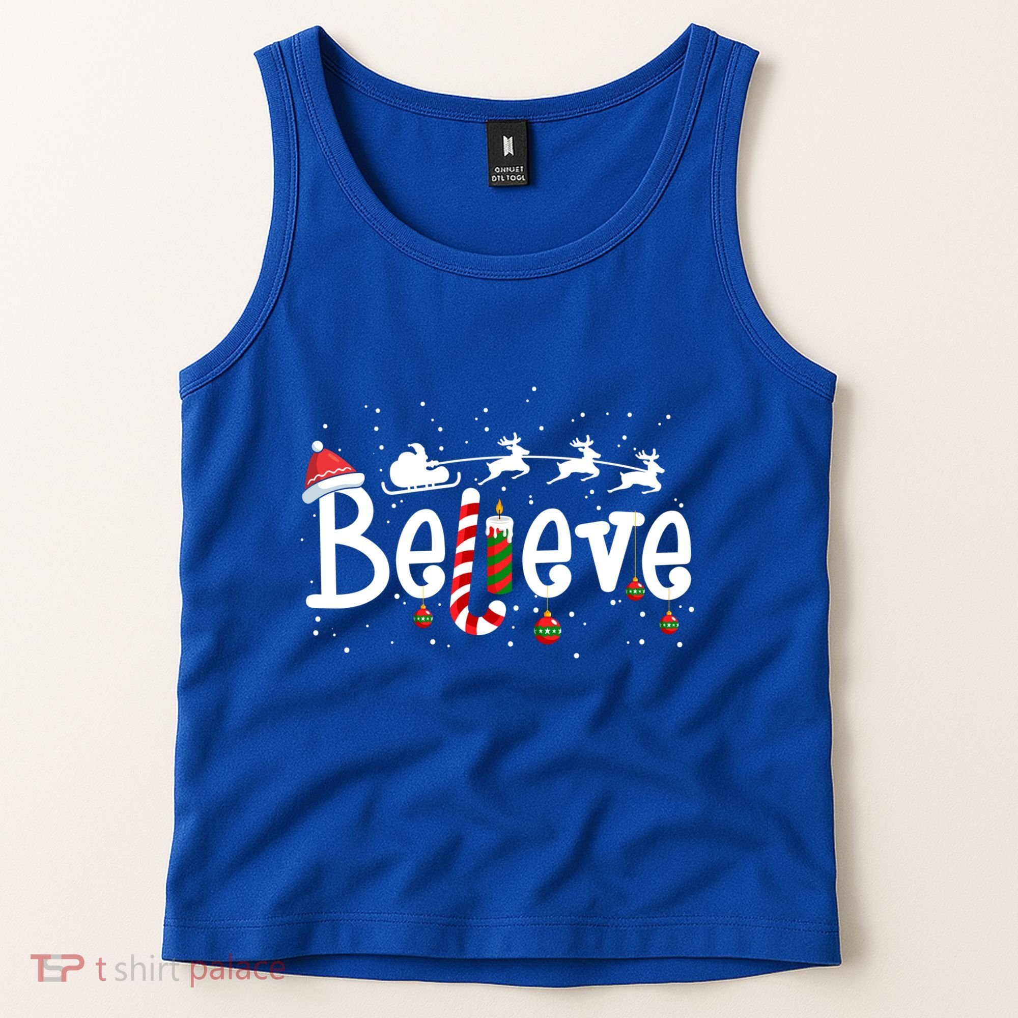 Believe Christmas Santa Claus Reindeer Candy Cane Xmas Gift Tank Top