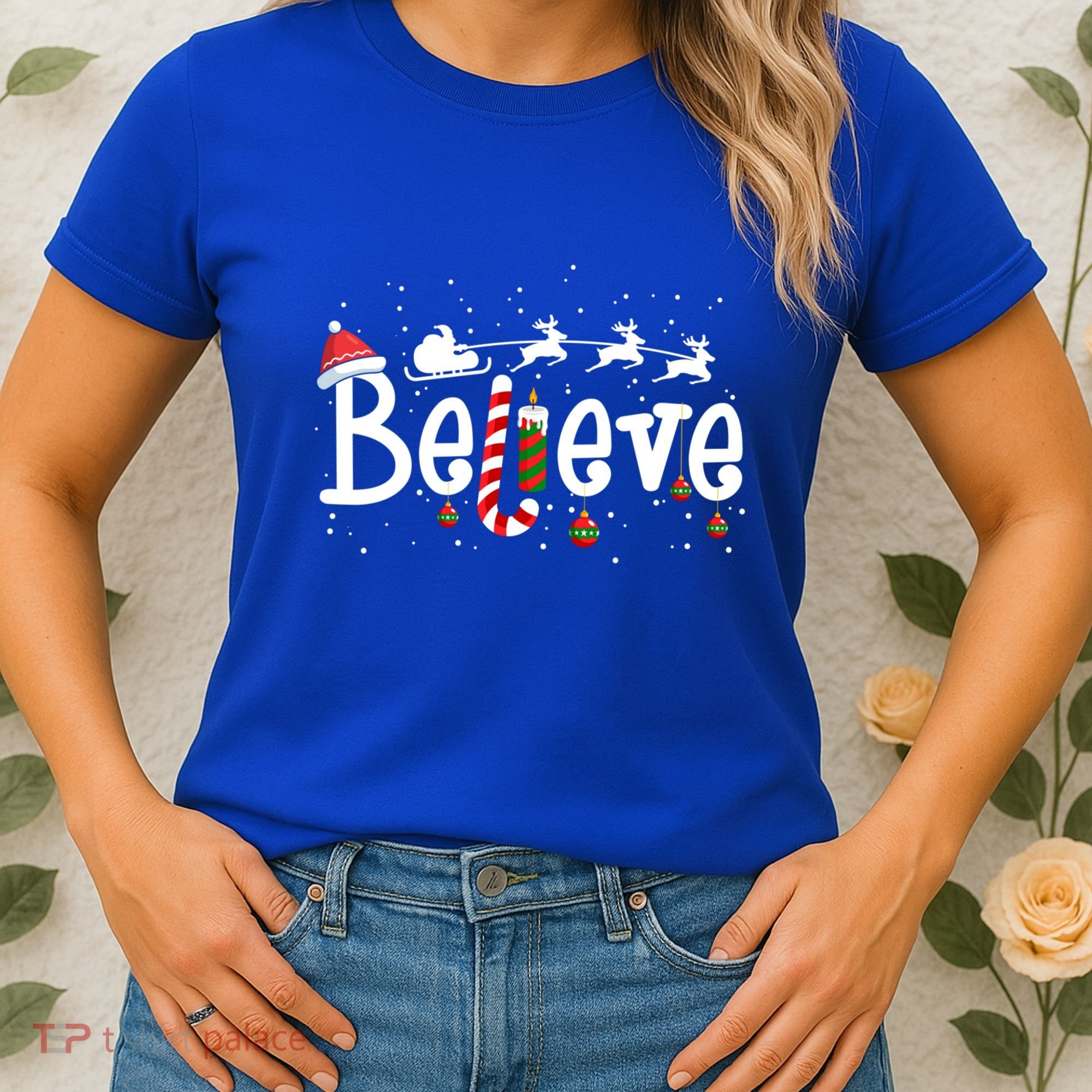 Believe Christmas Santa Claus Reindeer Candy Cane Xmas Gift Women's T-Shirt