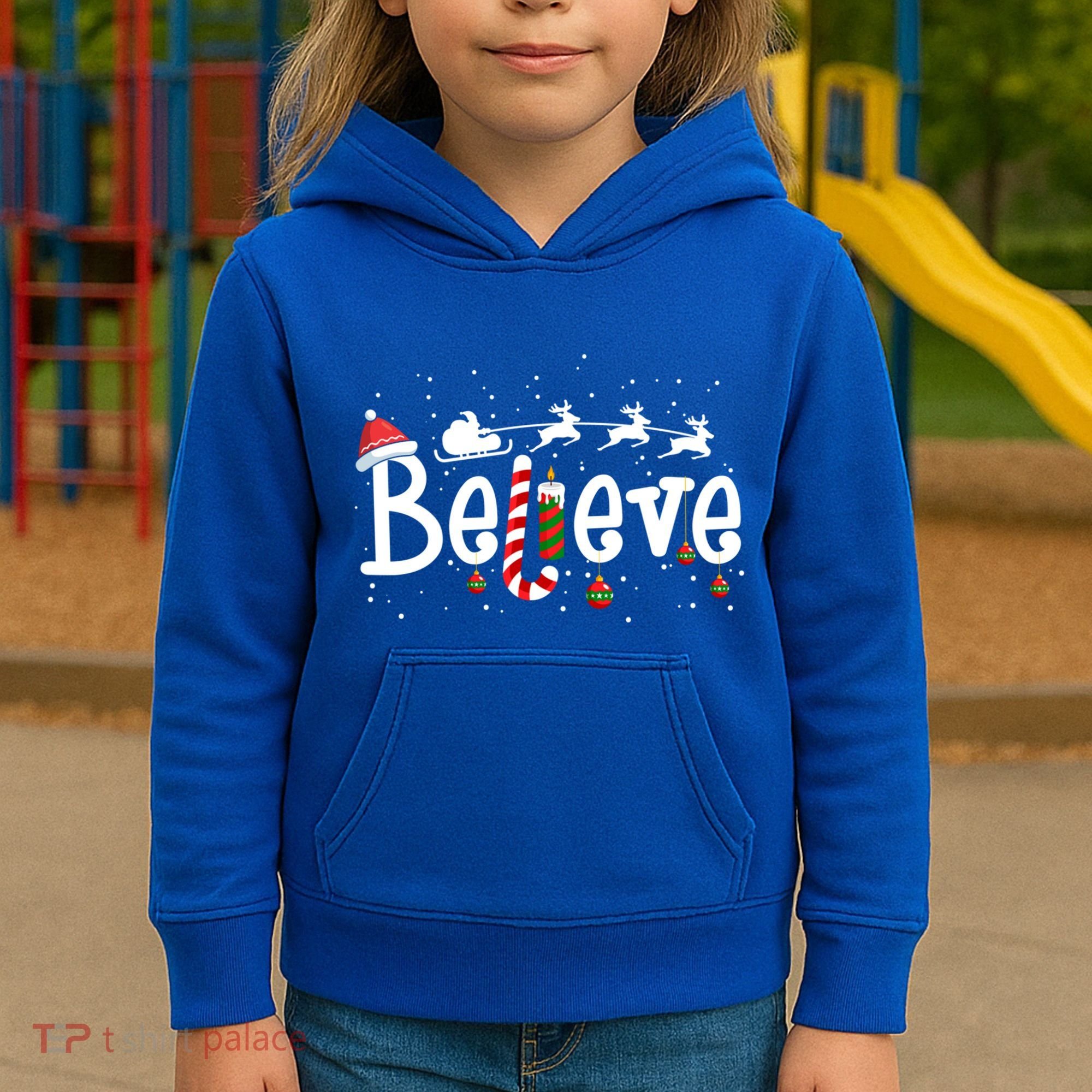 Believe Christmas Santa Claus Reindeer Candy Cane Xmas Gift Kids Hoodie