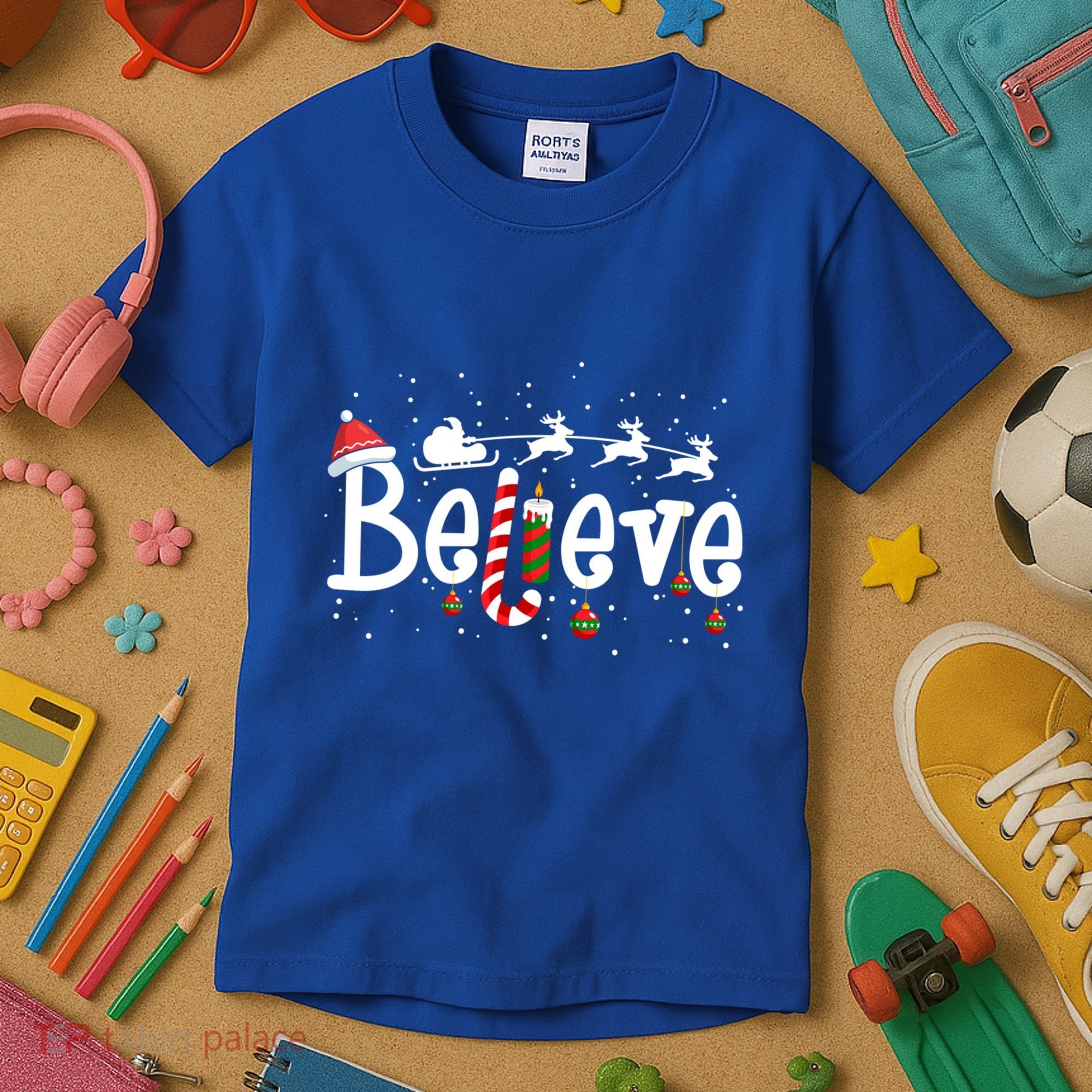 Believe Christmas Santa Claus Reindeer Candy Cane Xmas Gift Kids T-Shirt