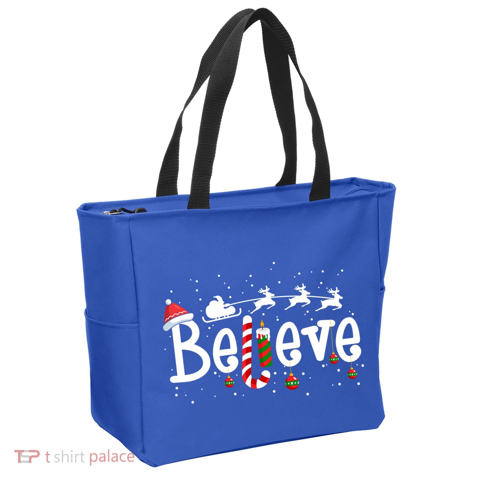 Believe Christmas Santa Claus Reindeer Candy Cane Xmas Gift Tote Bag