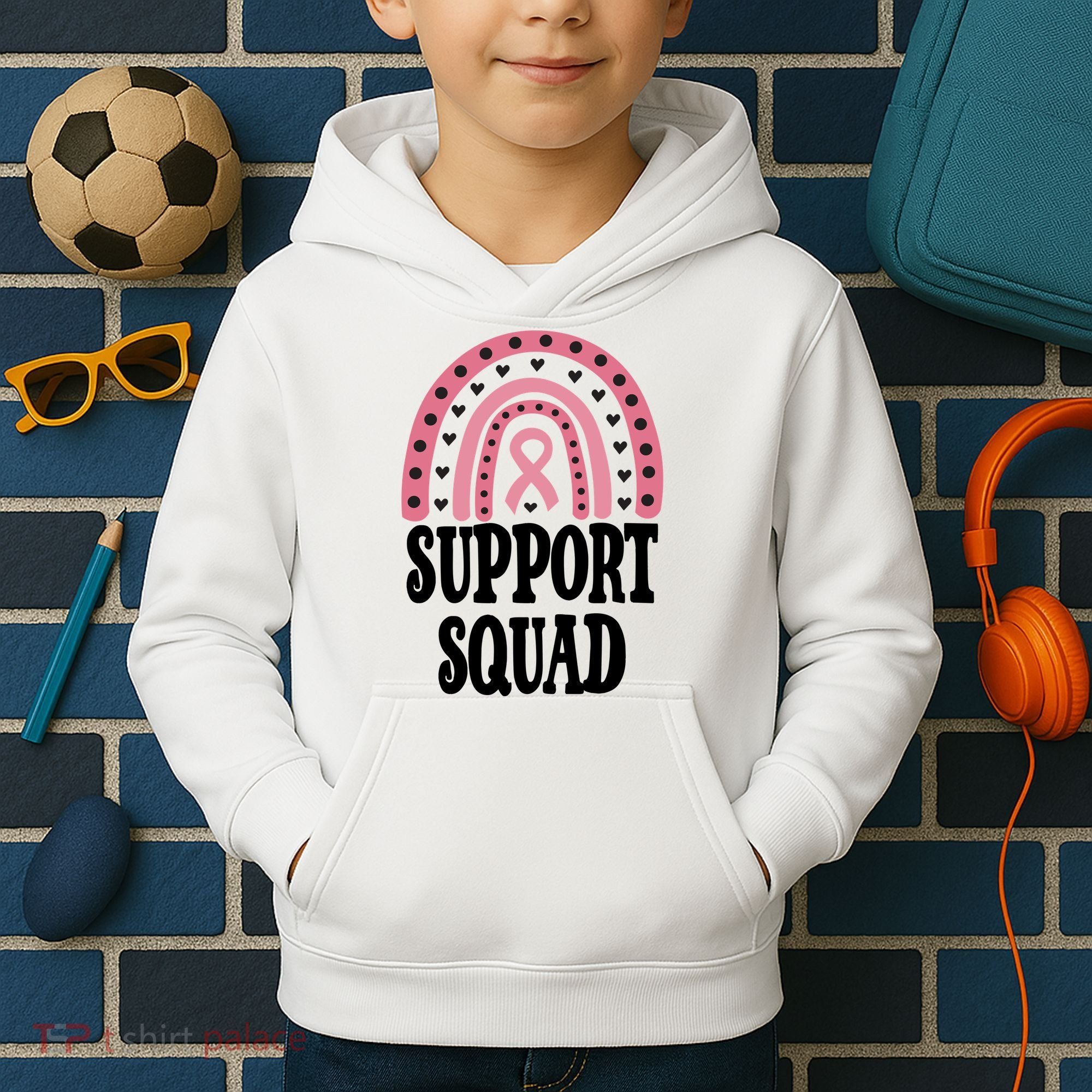 Breast Cancer Support Squad Rainbow Ribbon Kids Hoodie
