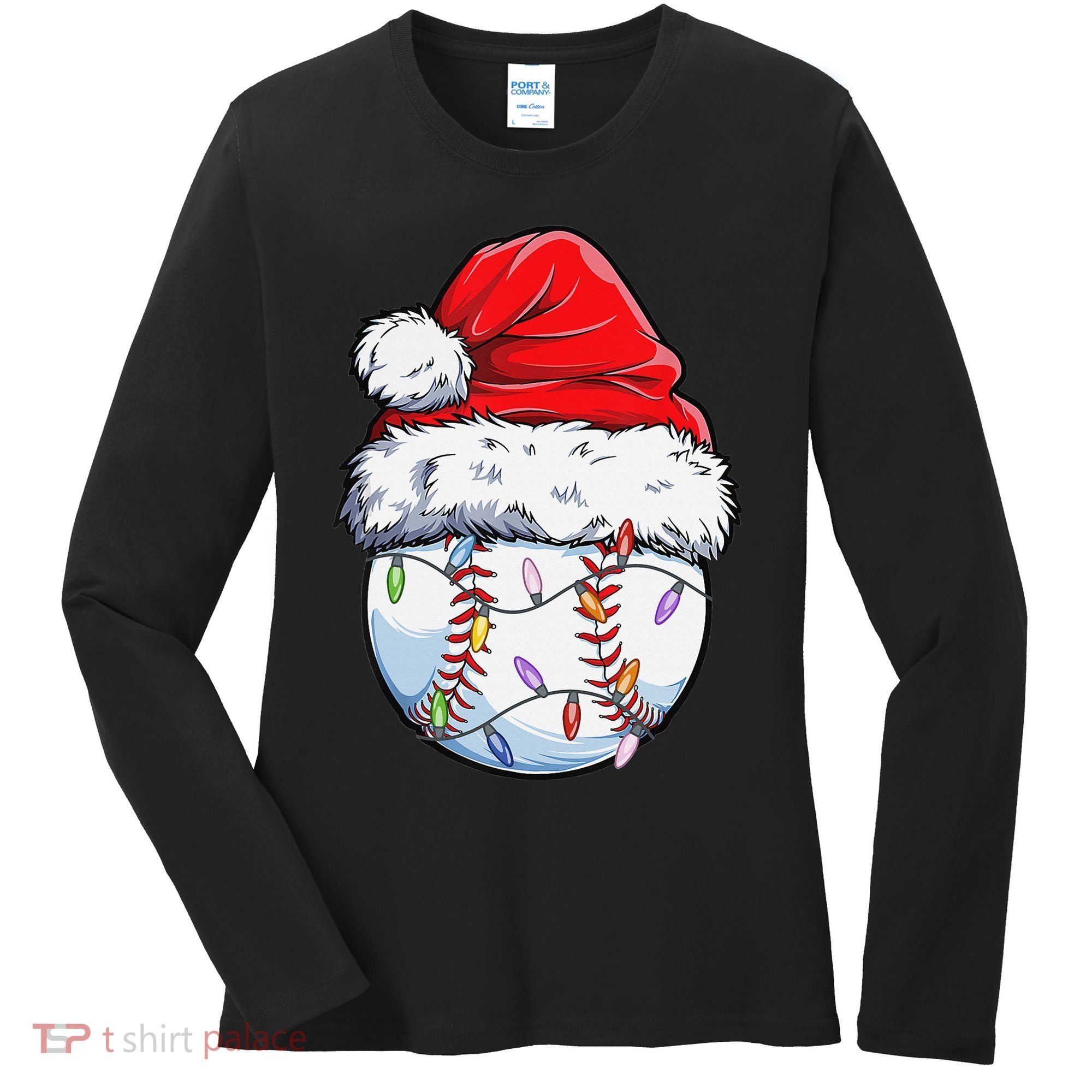 Baseball Christmas Santa Hat Funny Baseball Xmas Holiday  Women's Long Sleeve Shirt
