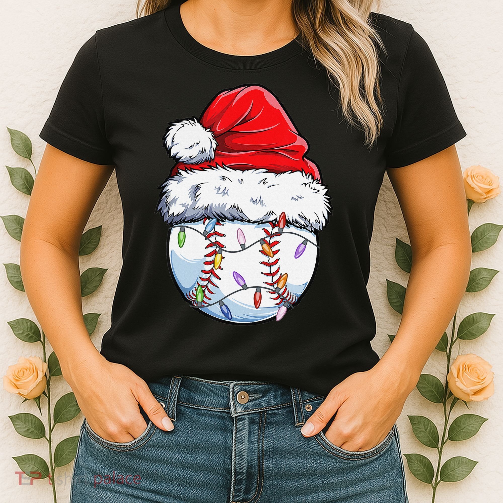 Baseball Christmas Santa Hat Funny Baseball Xmas Holiday  Women's T-Shirt