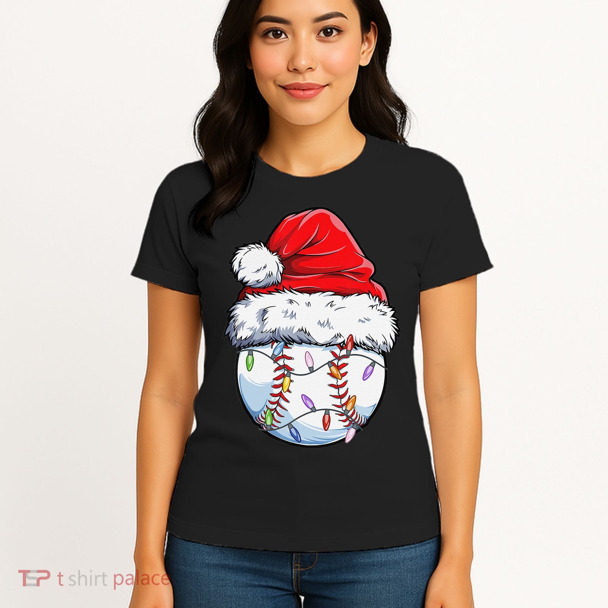 Baseball Christmas Santa Hat Funny Baseball Xmas Holiday  Women's T-Shirt