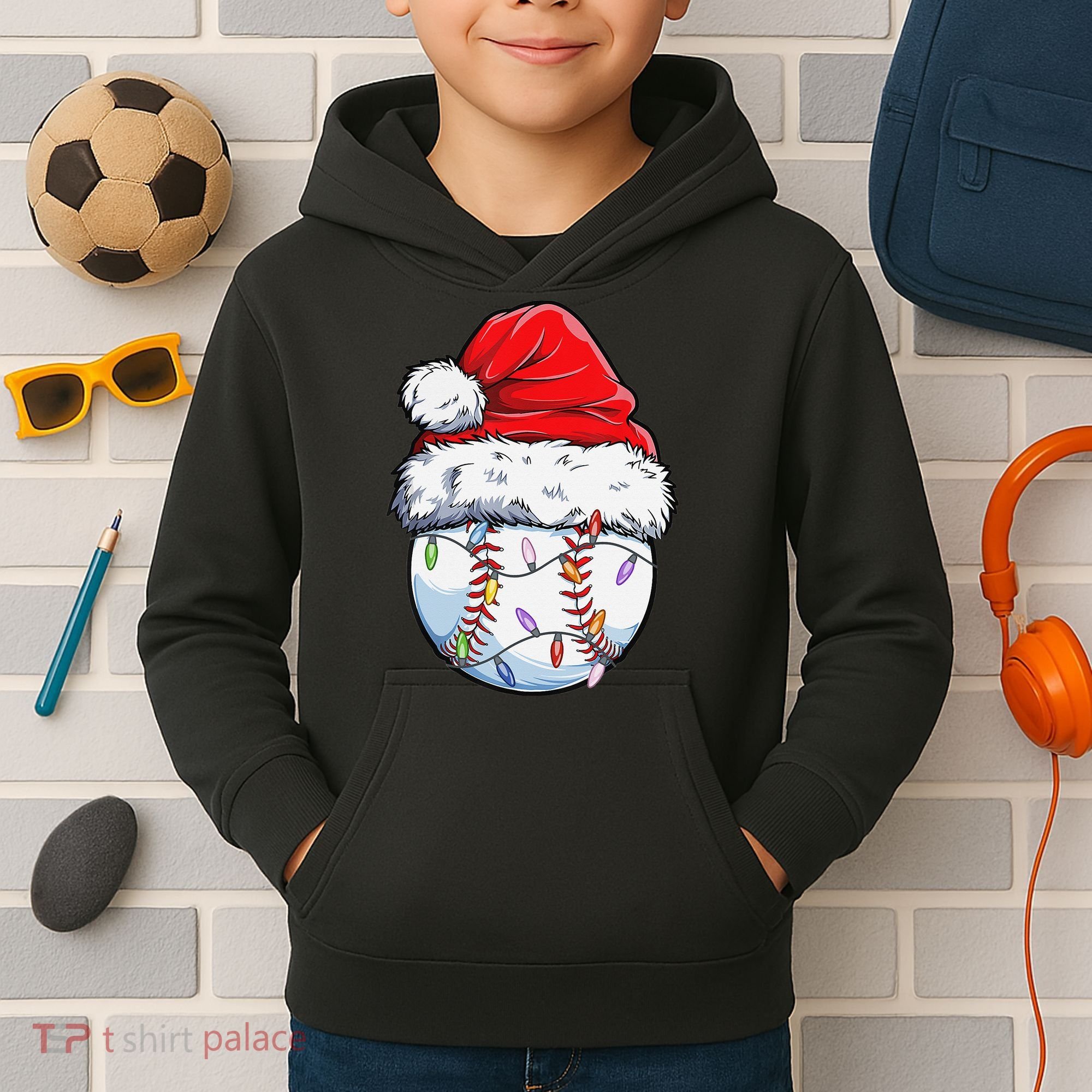 Baseball Christmas Santa Hat Funny Baseball Xmas Holiday  Kids Hoodie