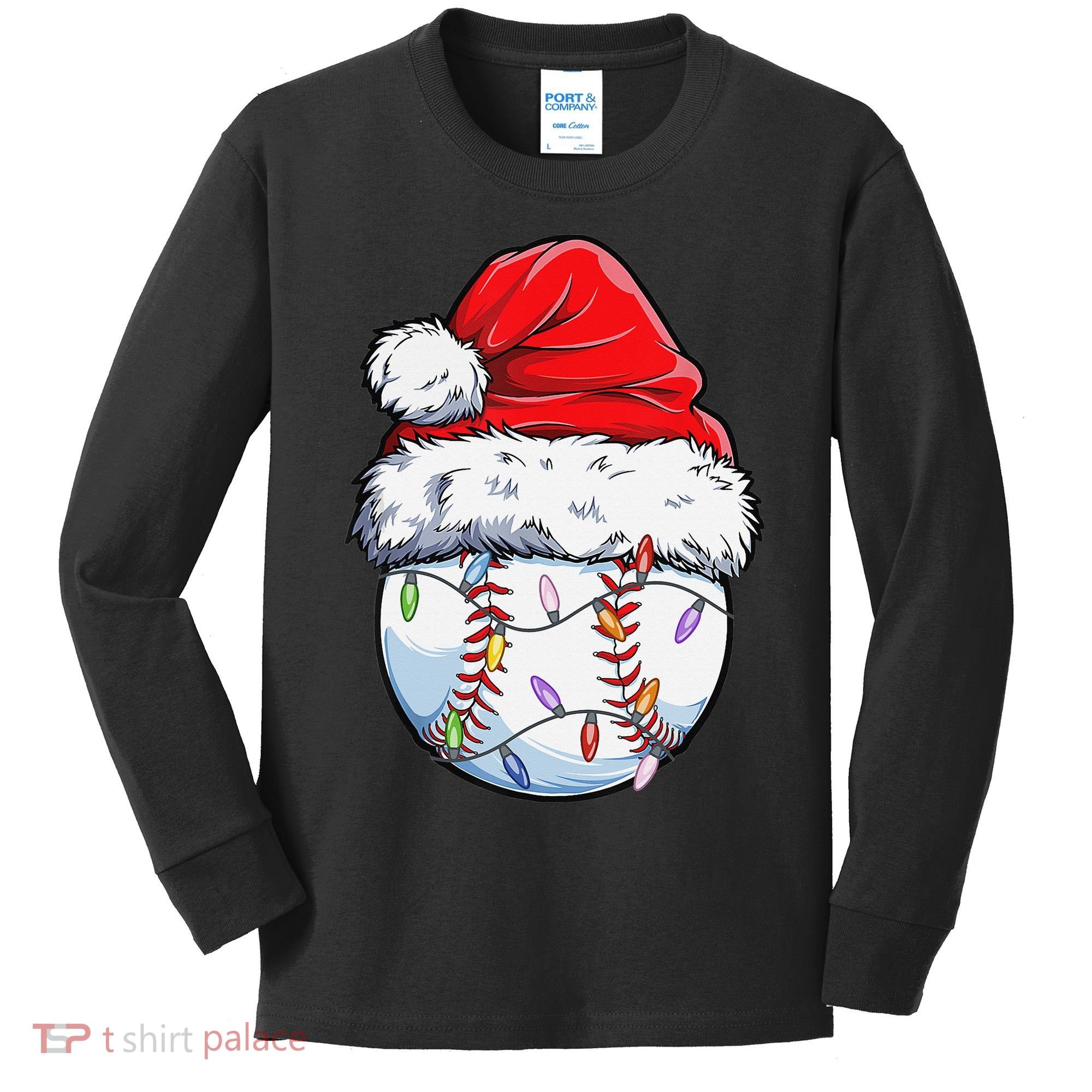 Baseball Christmas Santa Hat Funny Baseball Xmas Holiday  Kids Long Sleeve Shirt