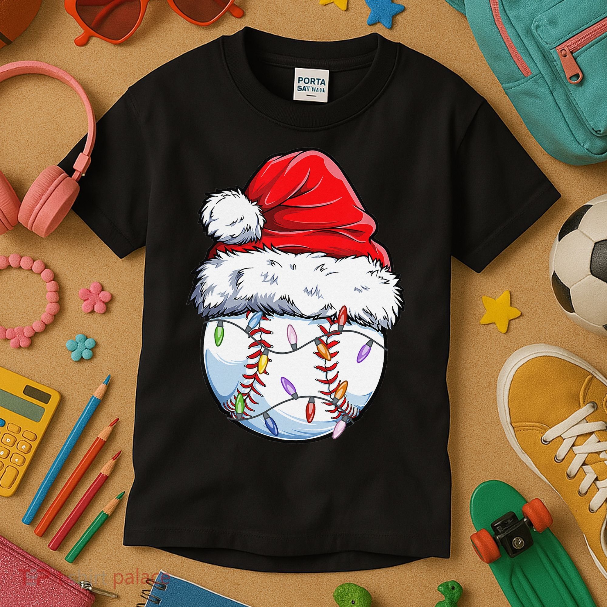 Baseball Christmas Santa Hat Funny Baseball Xmas Holiday  Kids T-Shirt